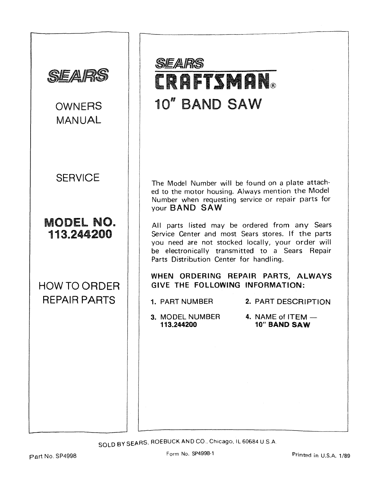 Craftsman 135244200 User Manual 10 INCH BAND SAW Manuals And Guides