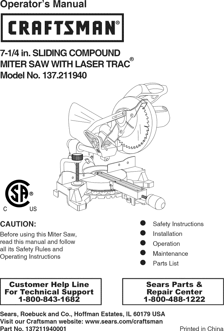 Download Craftsman 137211940 User Manual COMPOUND MITER SAW Manuals And Guides L0811588