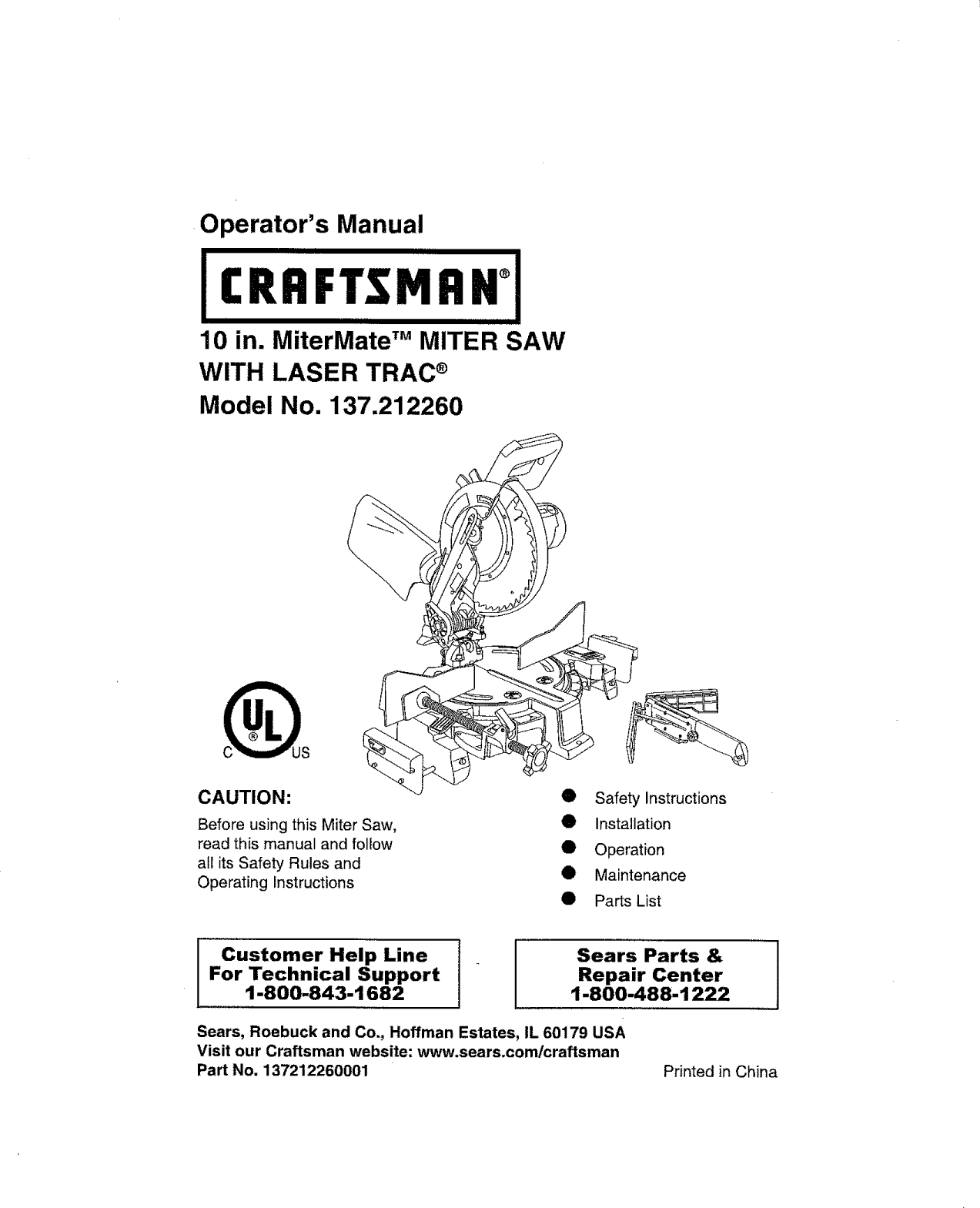 Craftsman 137212260 User Manual MITER SAW Manuals And Guides L1002157