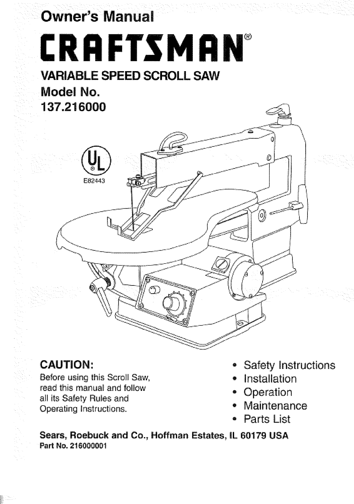 Craftsman 137216000 User Manual VARIABLE SPEED SCROLL SAW Manuals And