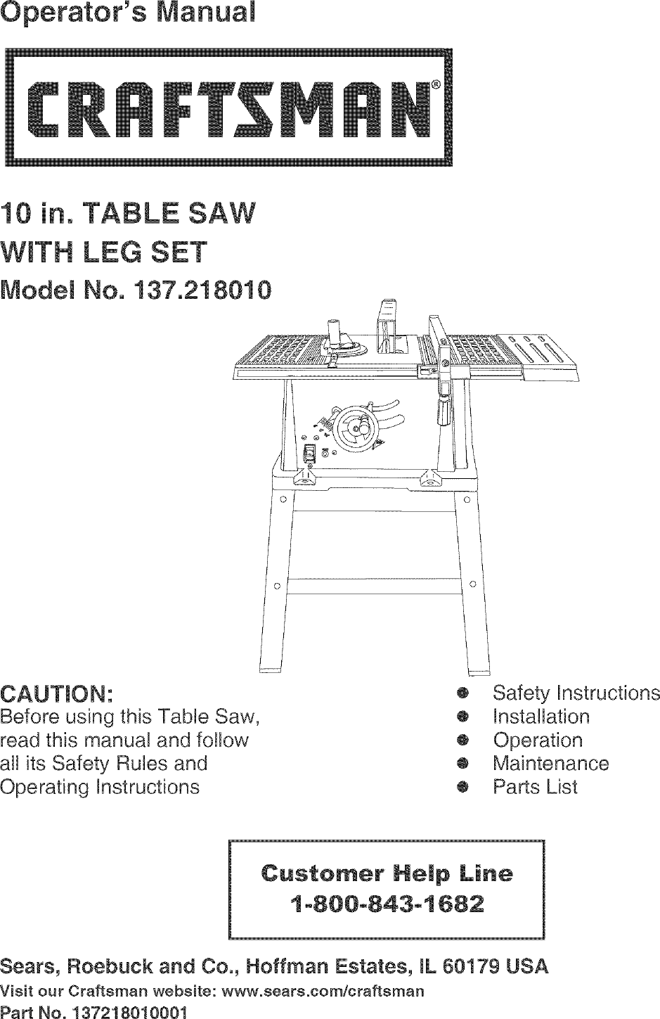 Craftsman 137218010 User Manual TABLE SAW Manuals And Guides L0511162