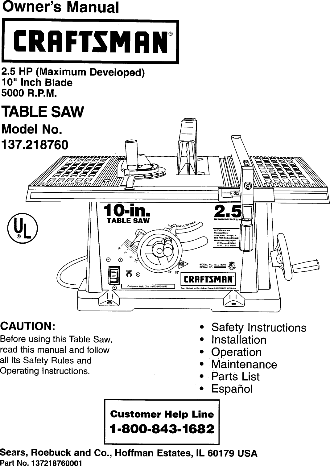 Craftsman 137218760 User Manual 10 TABLE SAW Manuals And Guides L0912329