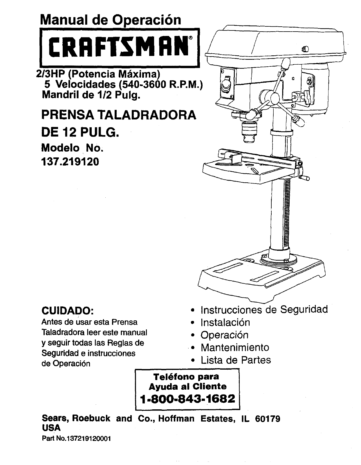 Craftsman 137219120 User Manual DRILL PRESS Manuals And Guides L0405221