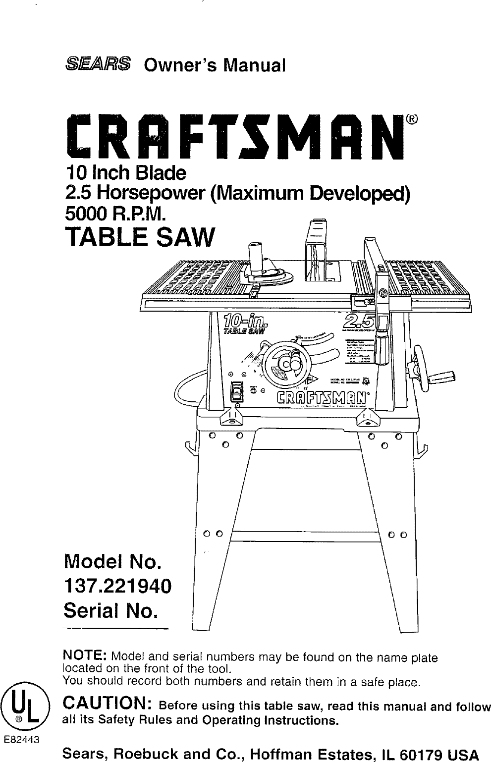 Craftsman 137221940 User Manual TABLE SAW Manuals And Guides L0711530