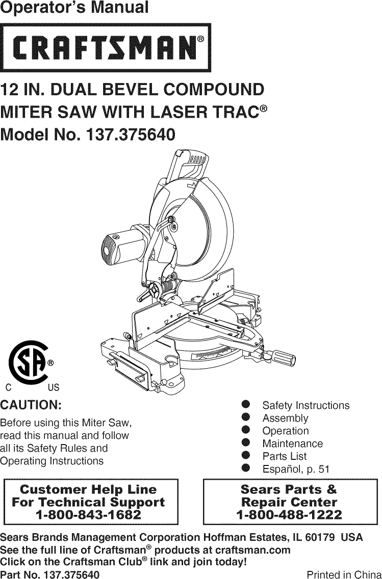 Craftsman 137375640 1307160L User Manual MITER SAW Manuals And Guides