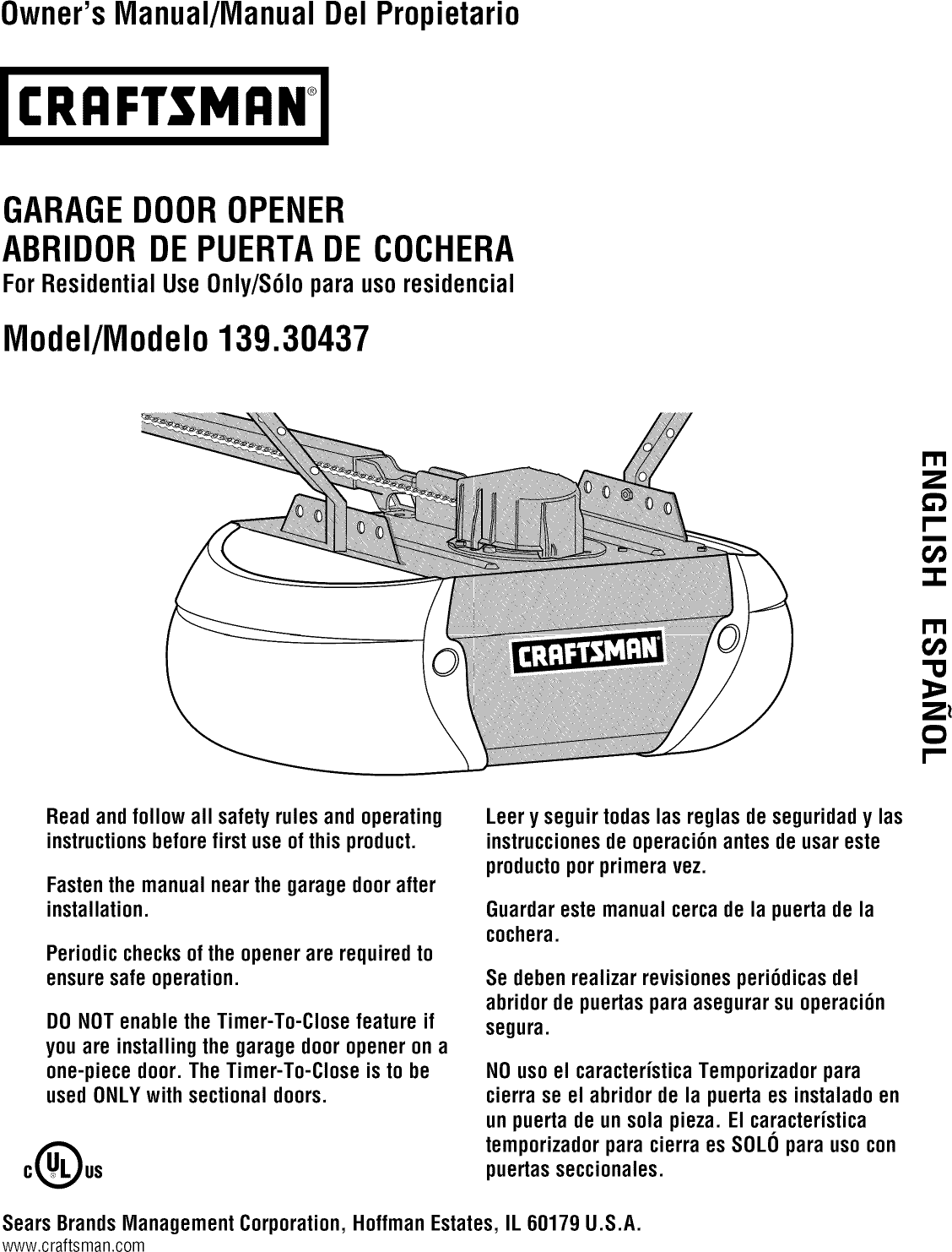 Craftsman 13930437 1108634L User Manual GARAGE DOOR OPENER Manuals And