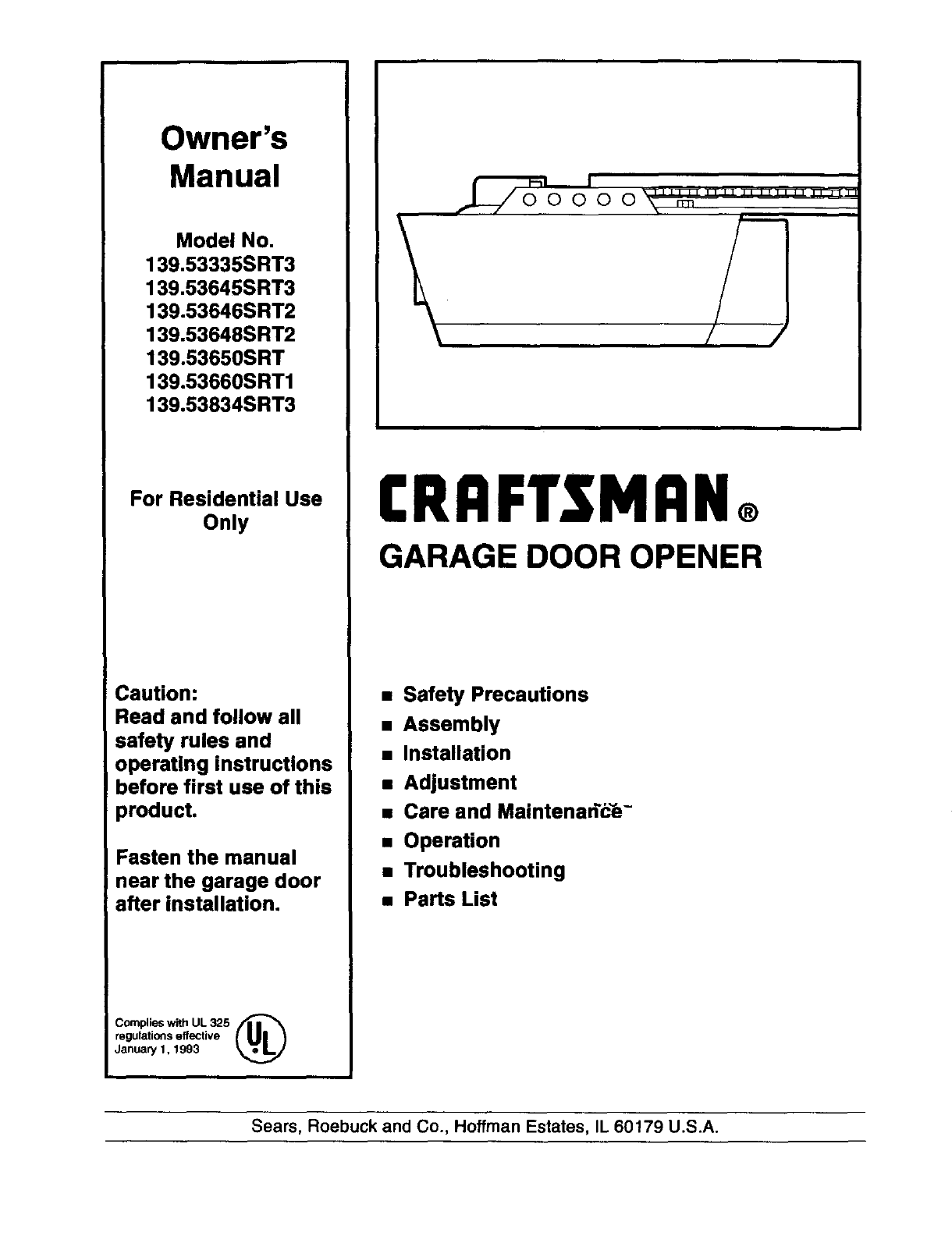 Craftsman 13953335srt3 User Manual Garage Door Opener Manuals And Guides L9910253