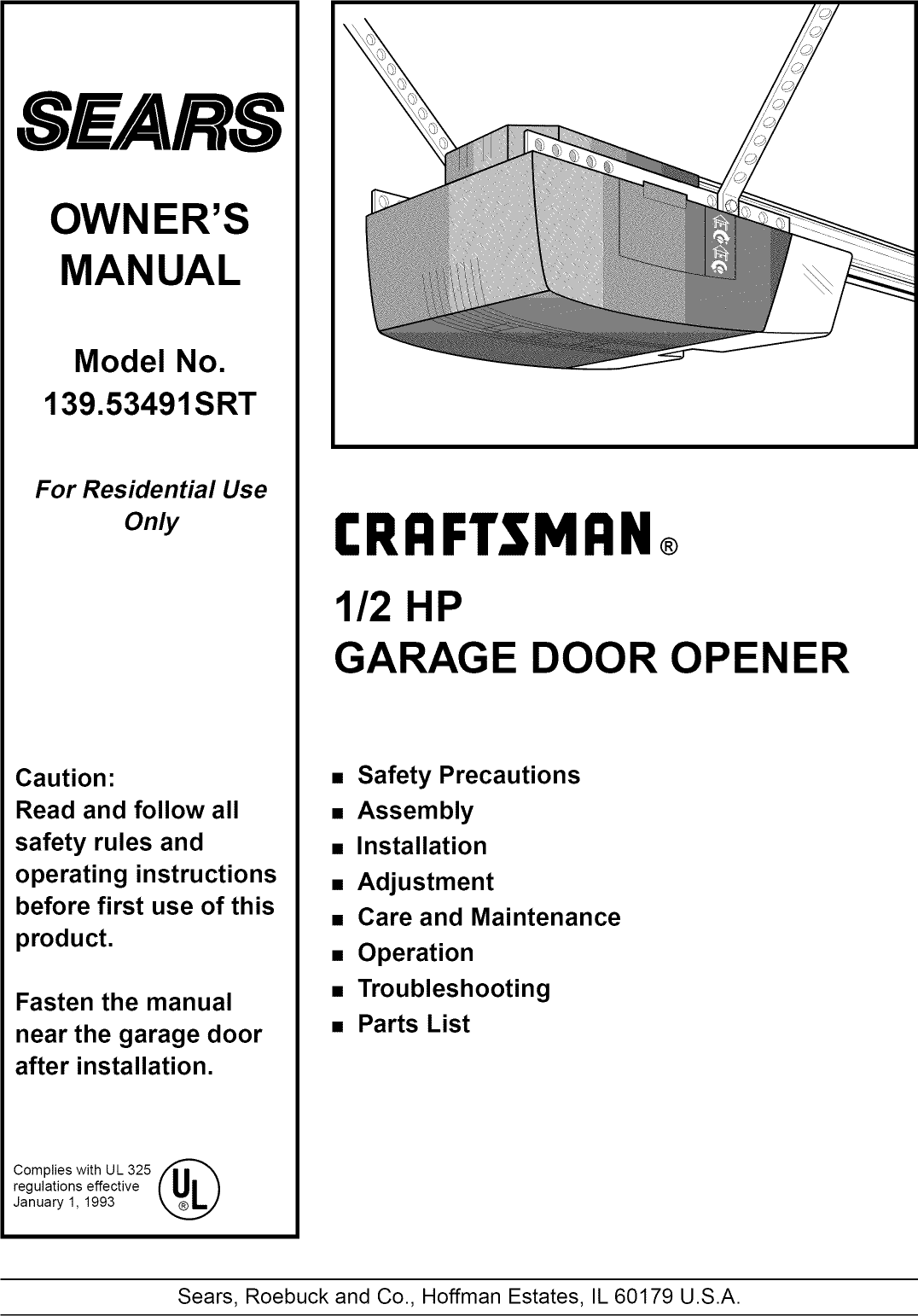 Craftsman 13953491SRT User Manual GARAGE DOOR OPENER Manuals And Guides L0912316