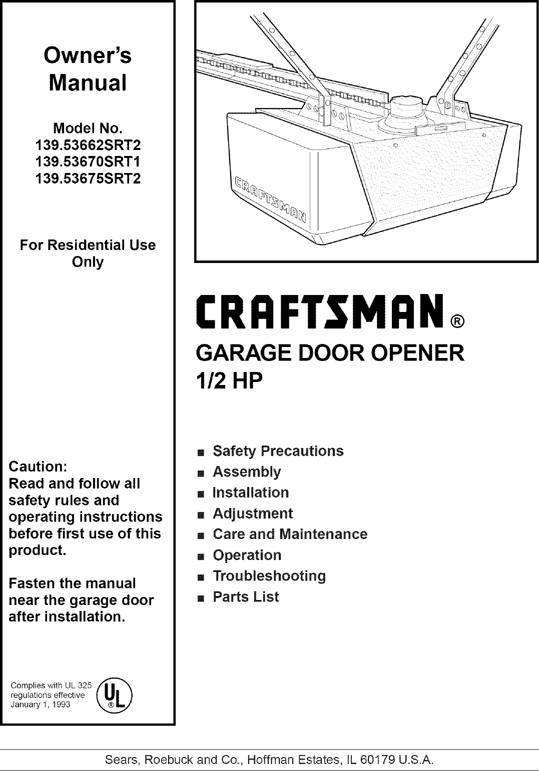 Craftsman 13953662SRT2 User Manual GARAGE DOOR OPENER Manuals And