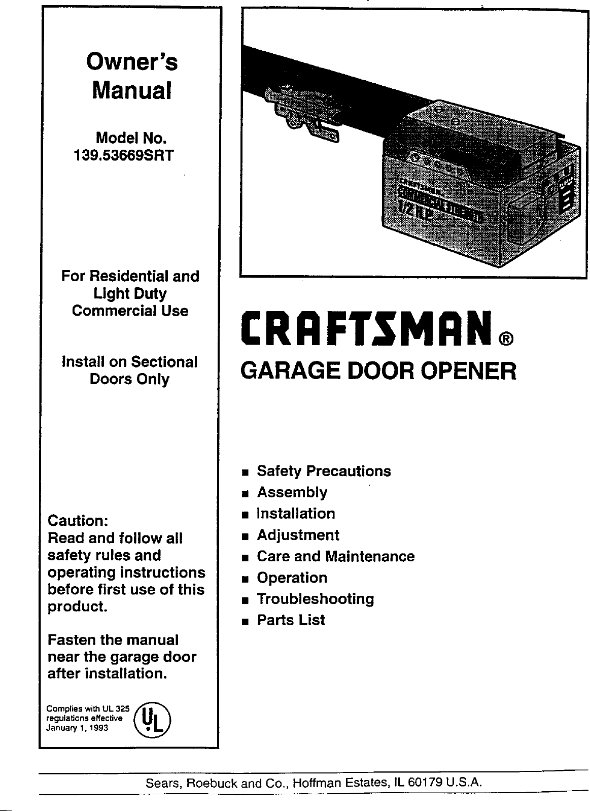 Craftsman 13953669SRT User Manual GARAGE DOOR OPENER Manuals And Guides