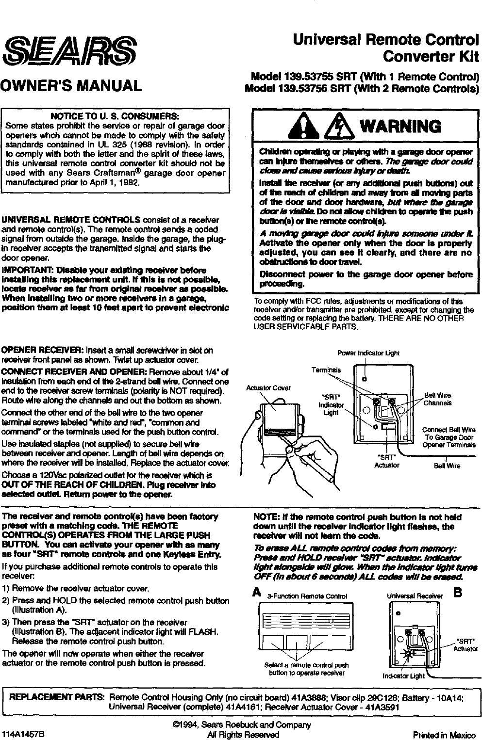 Page 1 of 1 - Craftsman 13953755SRT User Manual  UNIVERSAL RADIO CONTROL - Manuals And Guides L9910257
