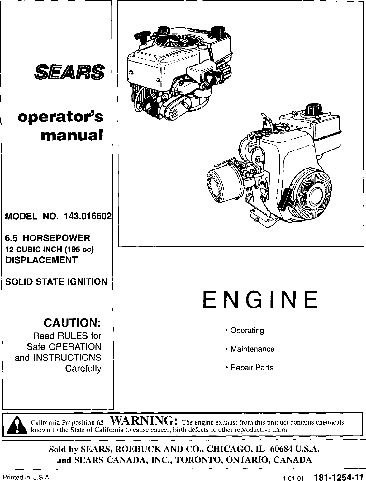 Page 1 of 12 - Craftsman 143016502 User Manual  ENGINE - Manuals And Guides L0102273