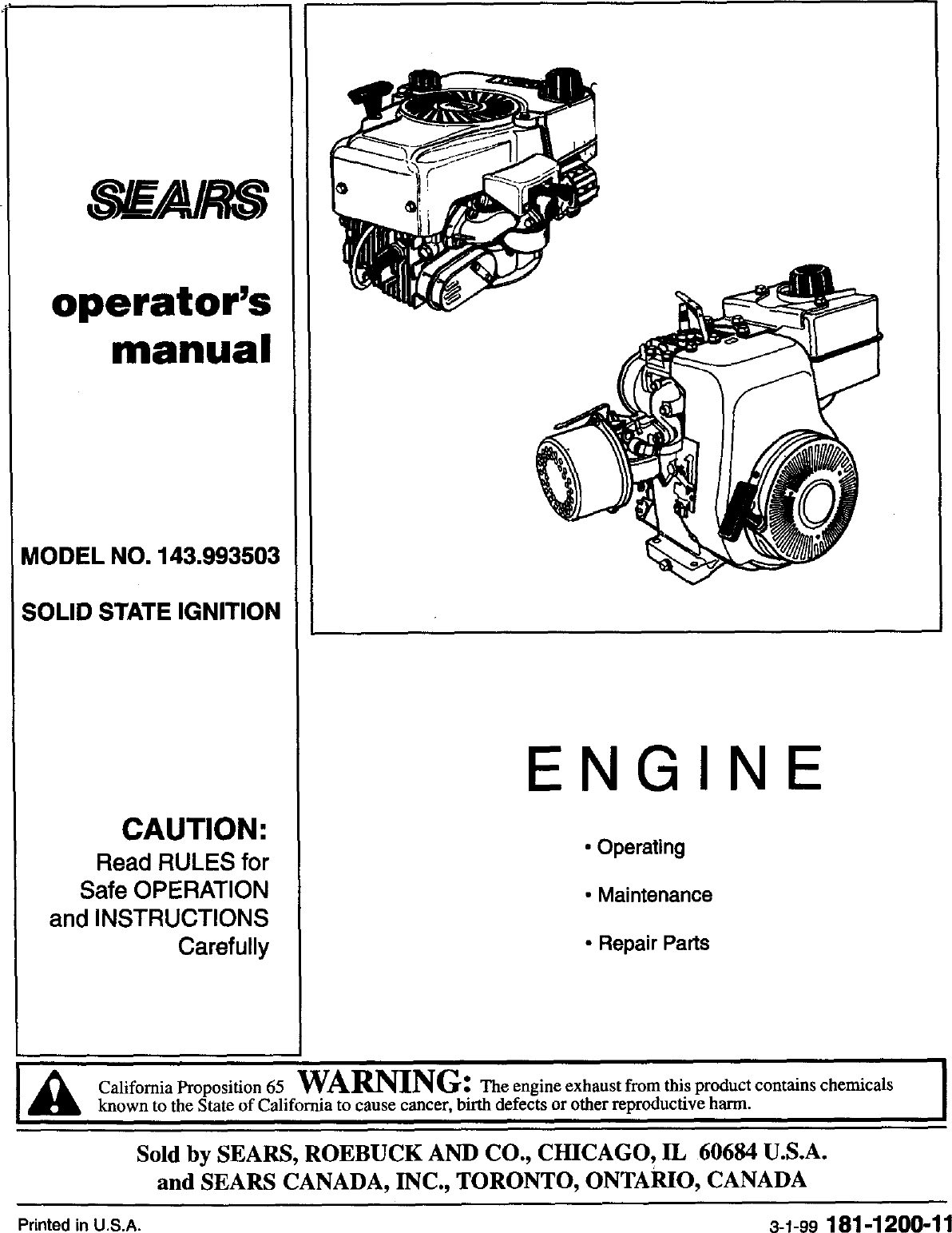 Page 1 of 12 - Craftsman 143993503 User Manual  ENGINE - Manuals And Guides L9060203