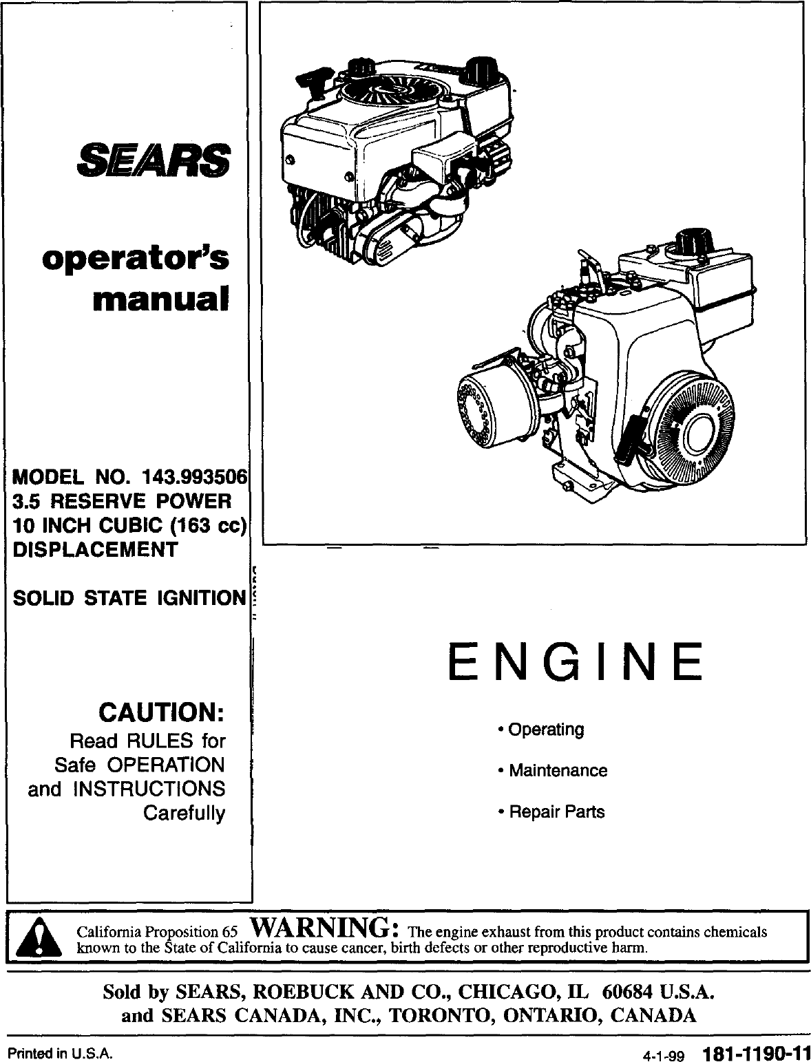 Page 1 of 12 - Craftsman 143993506 User Manual  SEARS SOLID STATE IGNITION ENGINE - Manuals And Guides L9050365