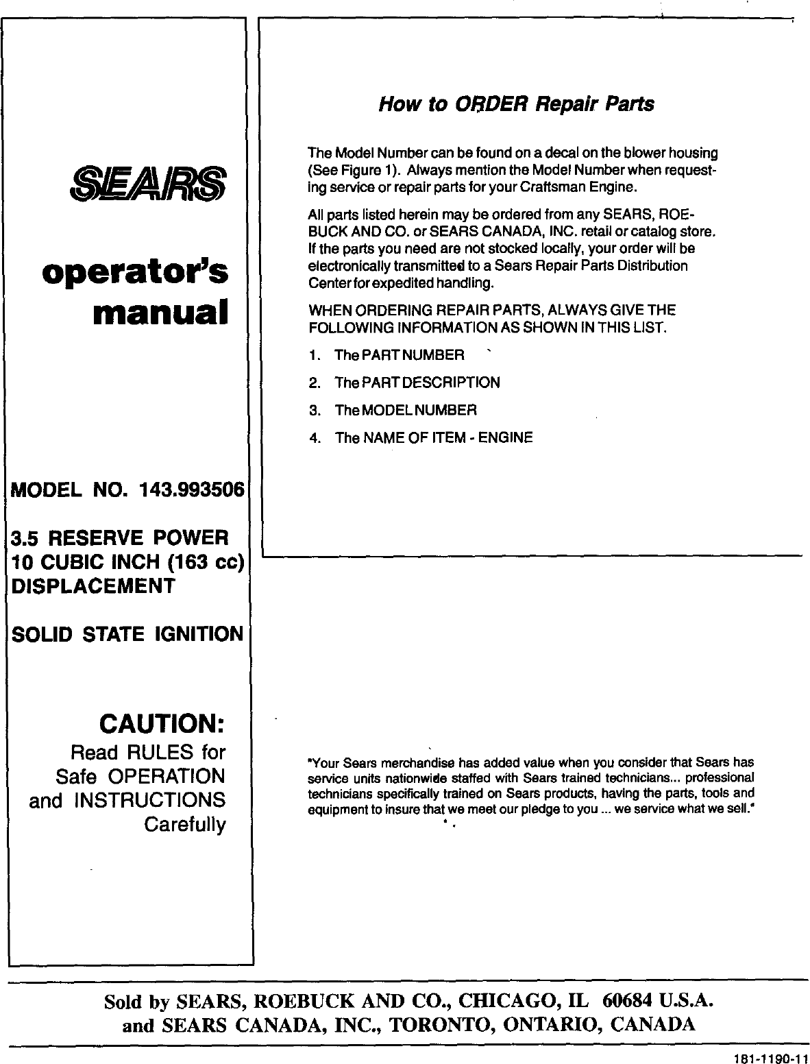 Page 12 of 12 - Craftsman 143993506 User Manual  SEARS SOLID STATE IGNITION ENGINE - Manuals And Guides L9050365