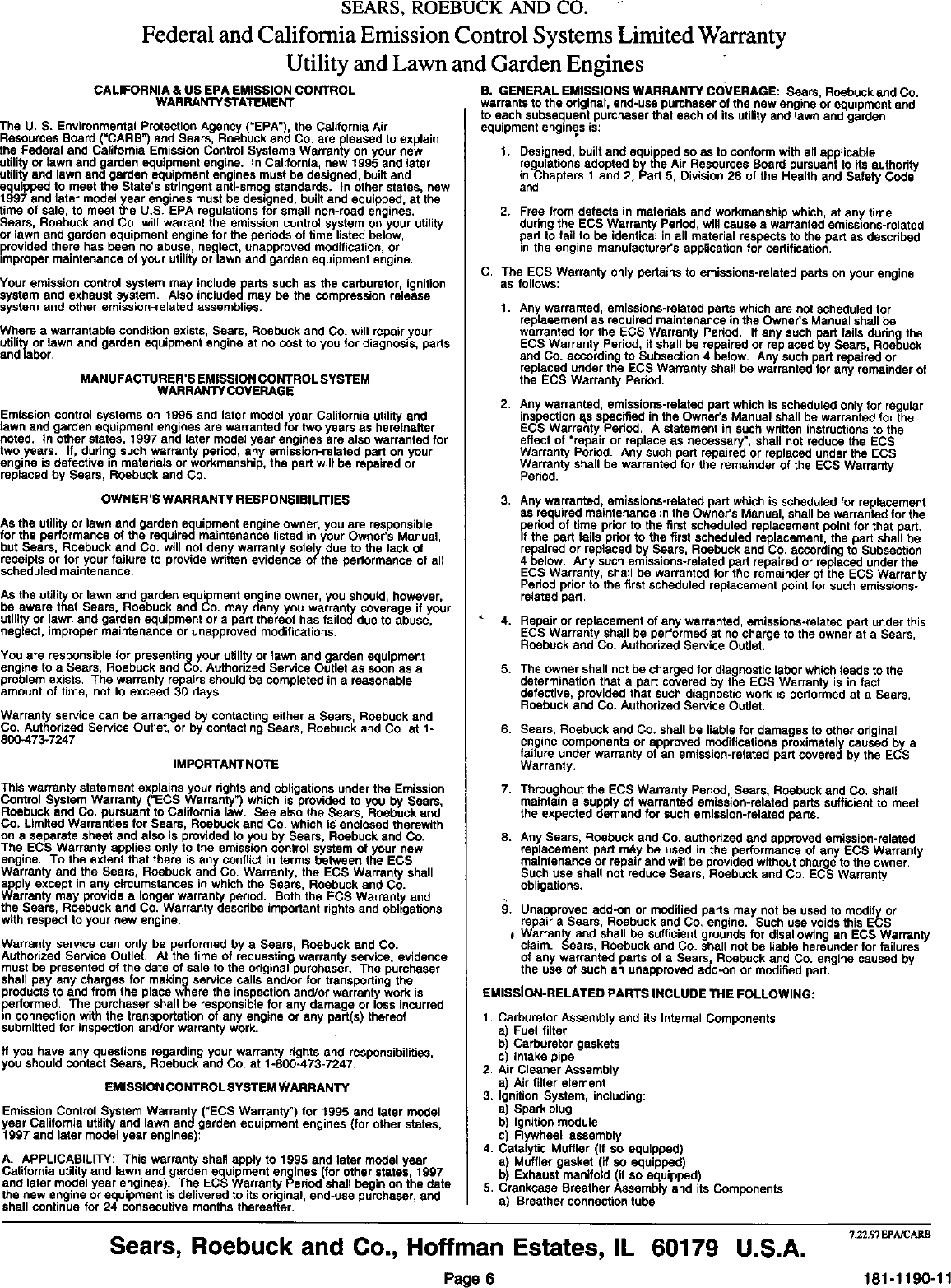 Page 7 of 12 - Craftsman 143993506 User Manual  SEARS SOLID STATE IGNITION ENGINE - Manuals And Guides L9050365