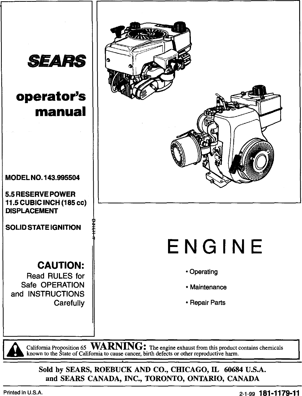 Page 1 of 12 - Craftsman 143995504 User Manual  SEARS SOLID STATE IGINITION ENGINE - Manuals And Guides L9050367