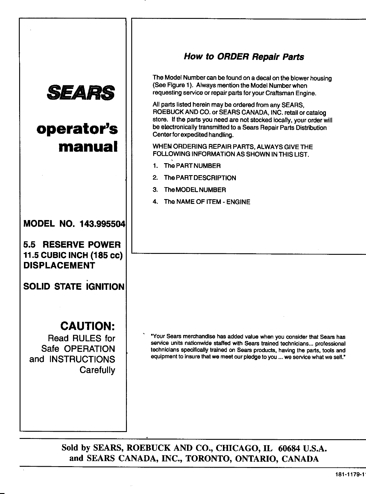 Page 12 of 12 - Craftsman 143995504 User Manual  SEARS SOLID STATE IGINITION ENGINE - Manuals And Guides L9050367