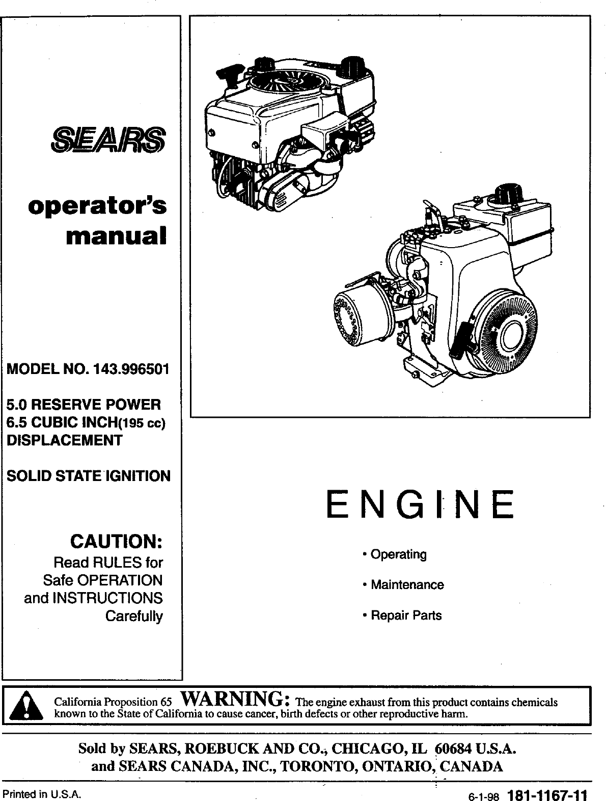 Page 1 of 12 - Craftsman 143996501 User Manual  ENGINE - Manuals And Guides 98120229