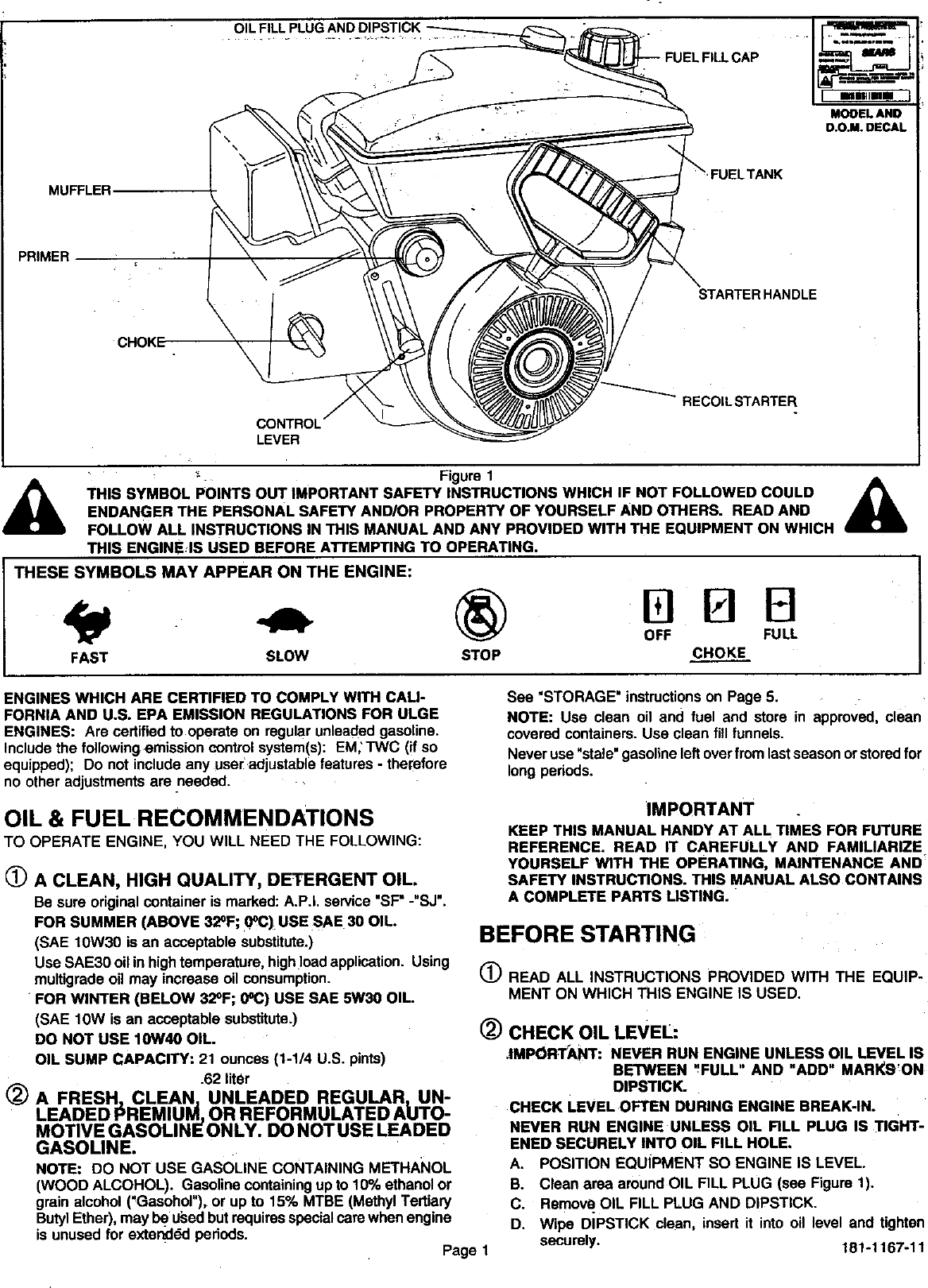 Page 2 of 12 - Craftsman 143996501 User Manual  ENGINE - Manuals And Guides 98120229