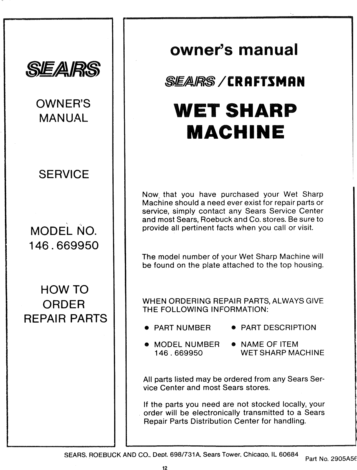 Page 12 of 12 - Craftsman 146669950 User Manual  WET SHARP MACHINE - Manuals And Guides L1005393