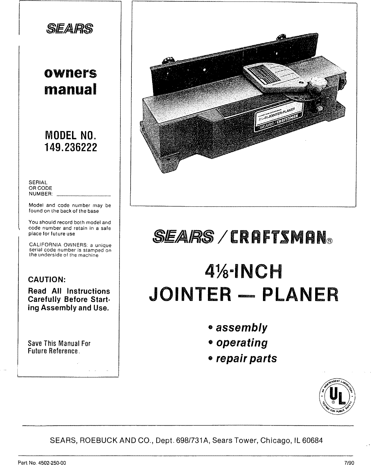 Craftsman 149236222 User Manual JOINTER PLANE Manuals And Guides L0708434