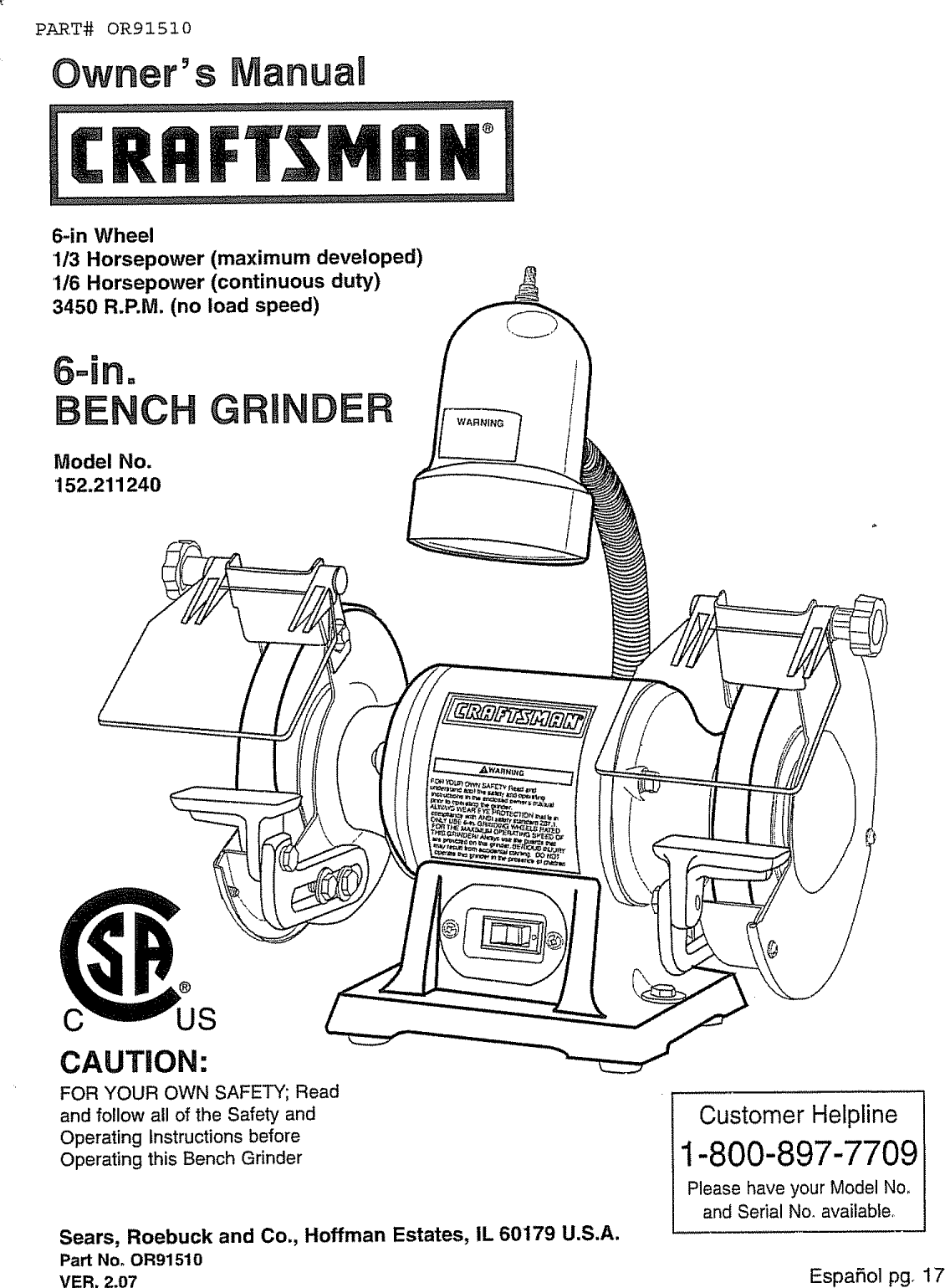 Craftsman 152211240 User Manual Bench Grinder Manuals And Guides 1008321l