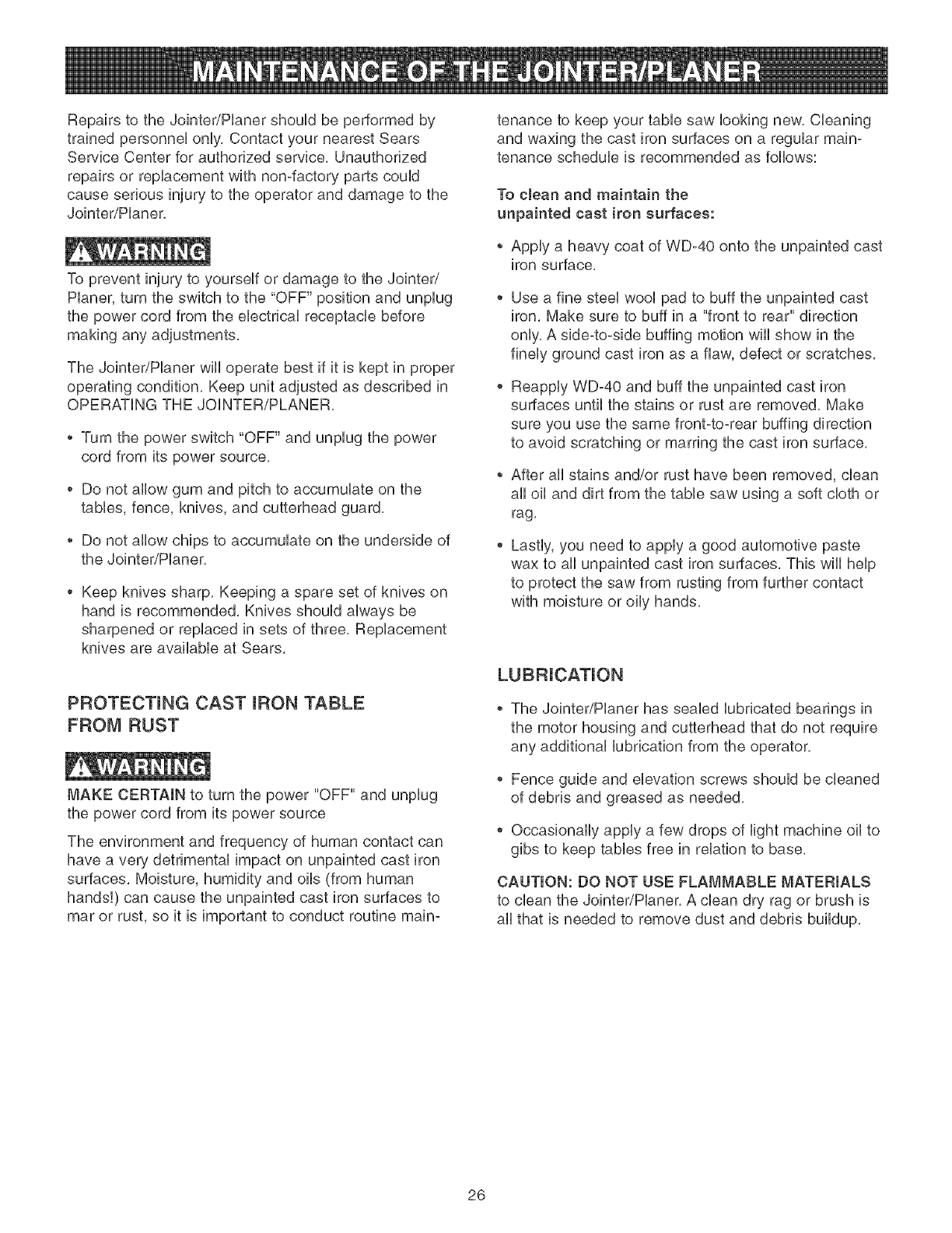 Craftsman 152217050 User Manual JOINTER/PLANER Manuals And Guides L0520630