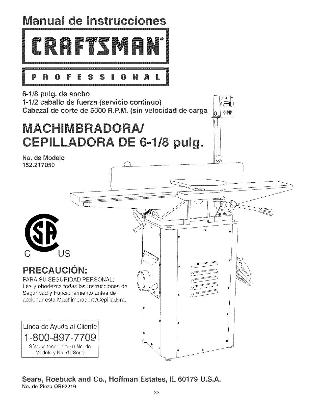 Craftsman 152217050 User Manual JOINTER/PLANER Manuals And Guides L0520630
