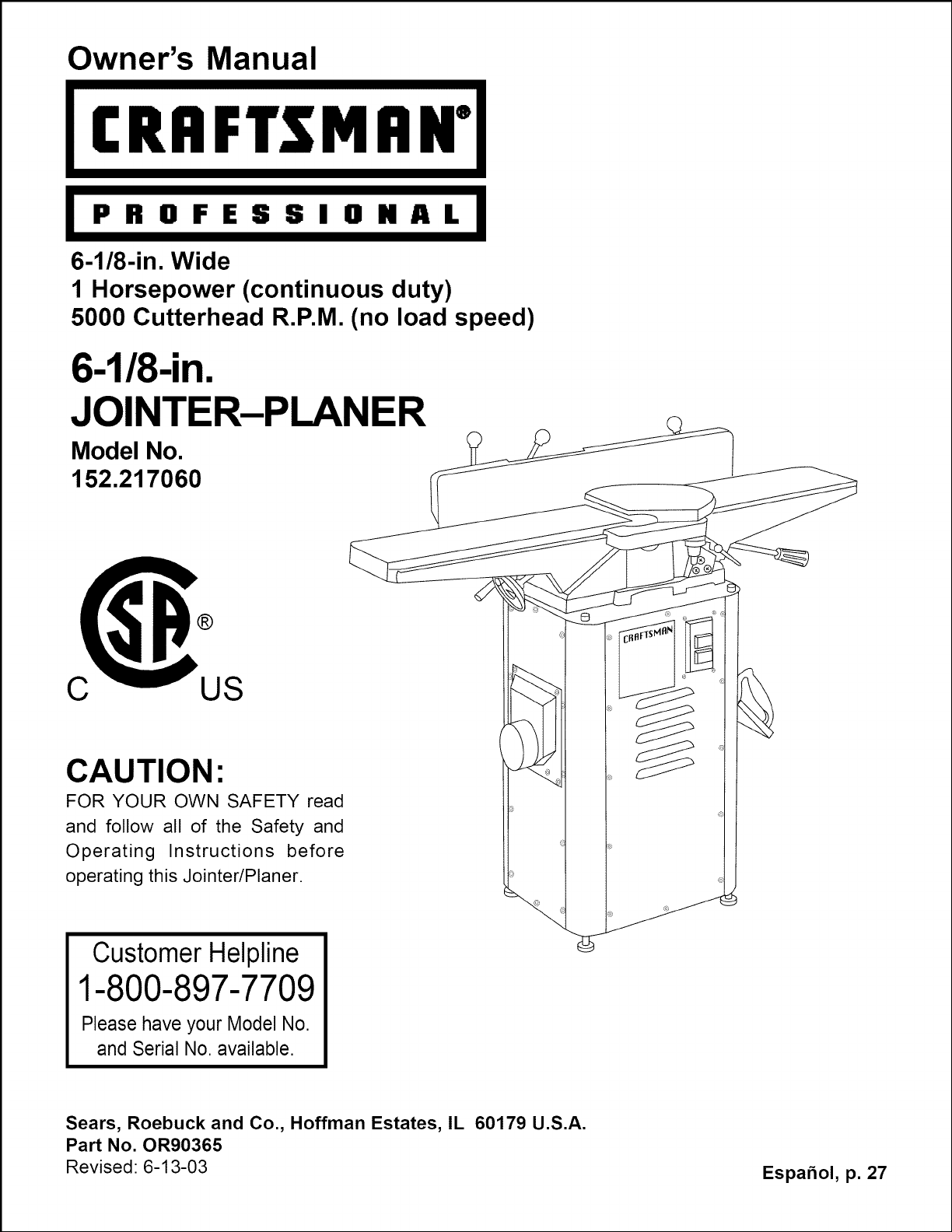 Craftsman 6 1/8" Jointer Operators Manual No.152.217060 