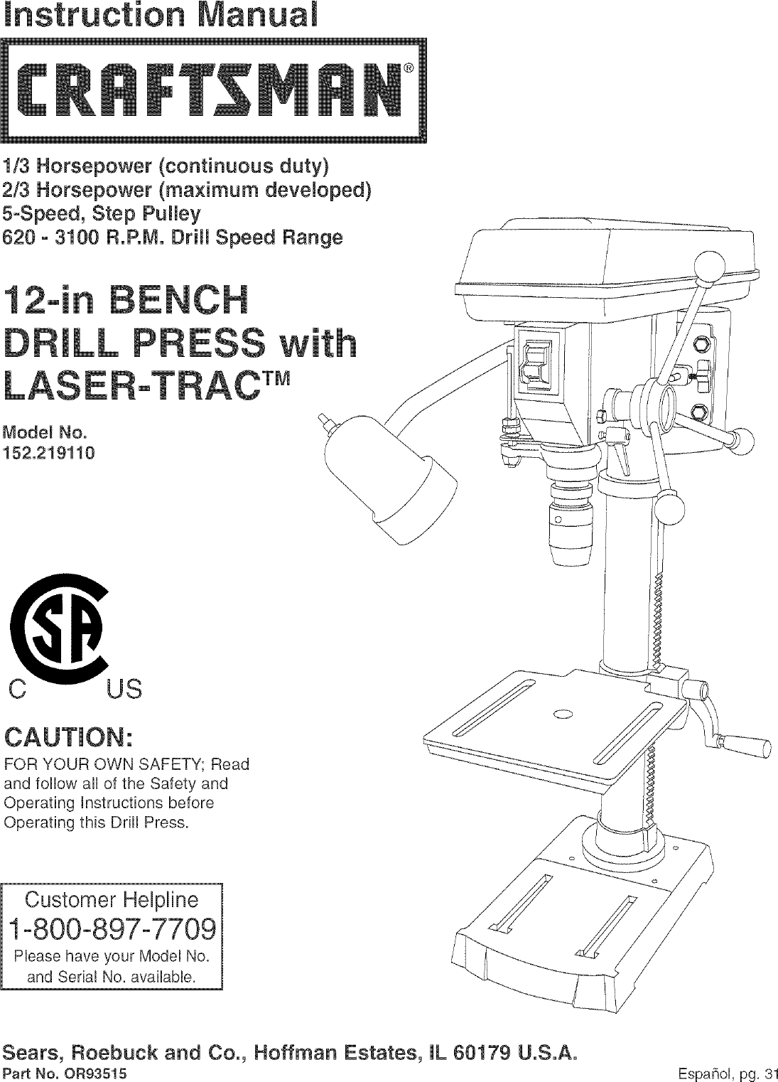 Craftsman 152219110 User Manual BENCH DRILL PRESS Manuals And Guides
