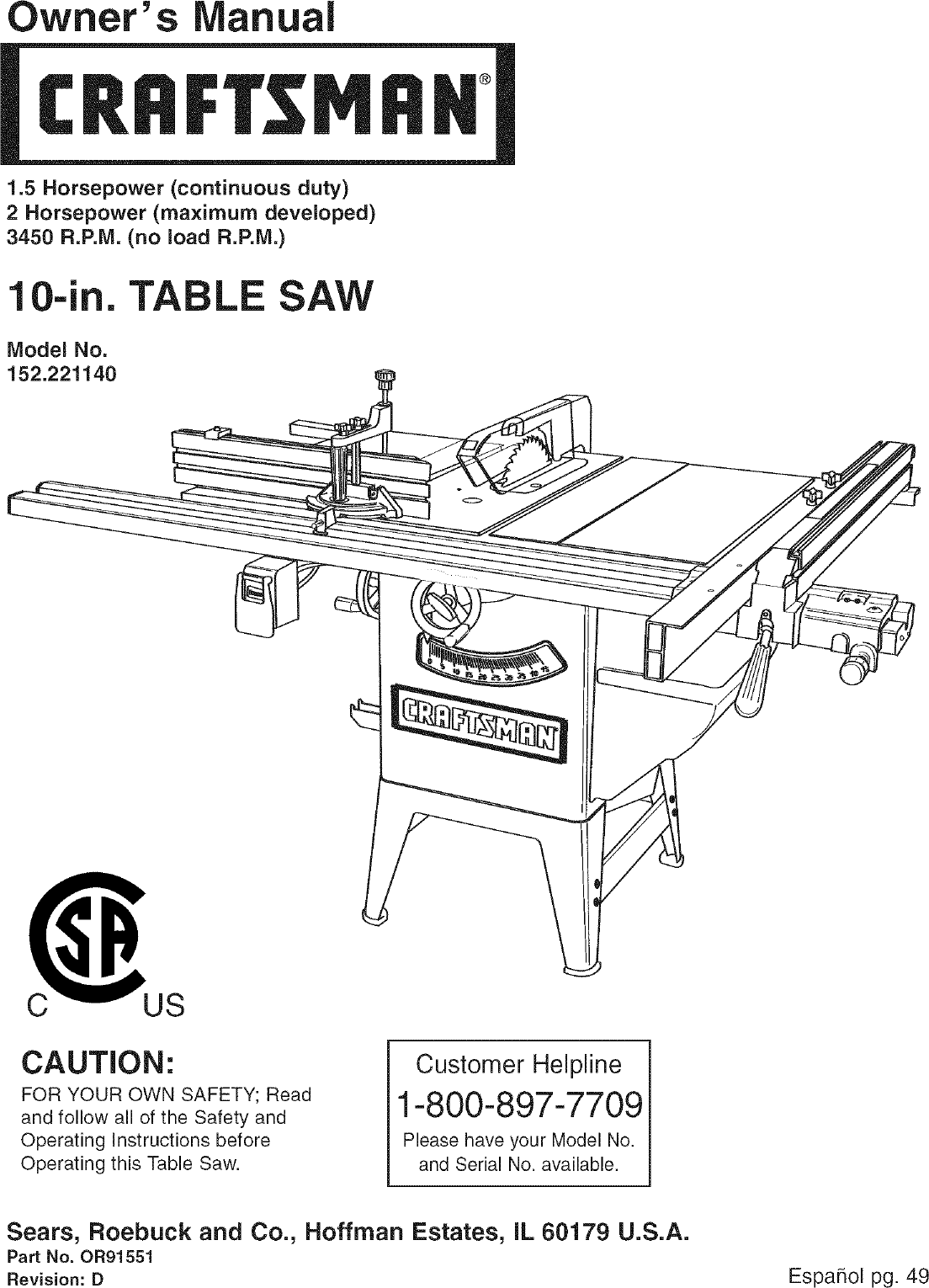 Craftsman 152221140 User Manual TABLE SAW Manuals And Guides L0607448
