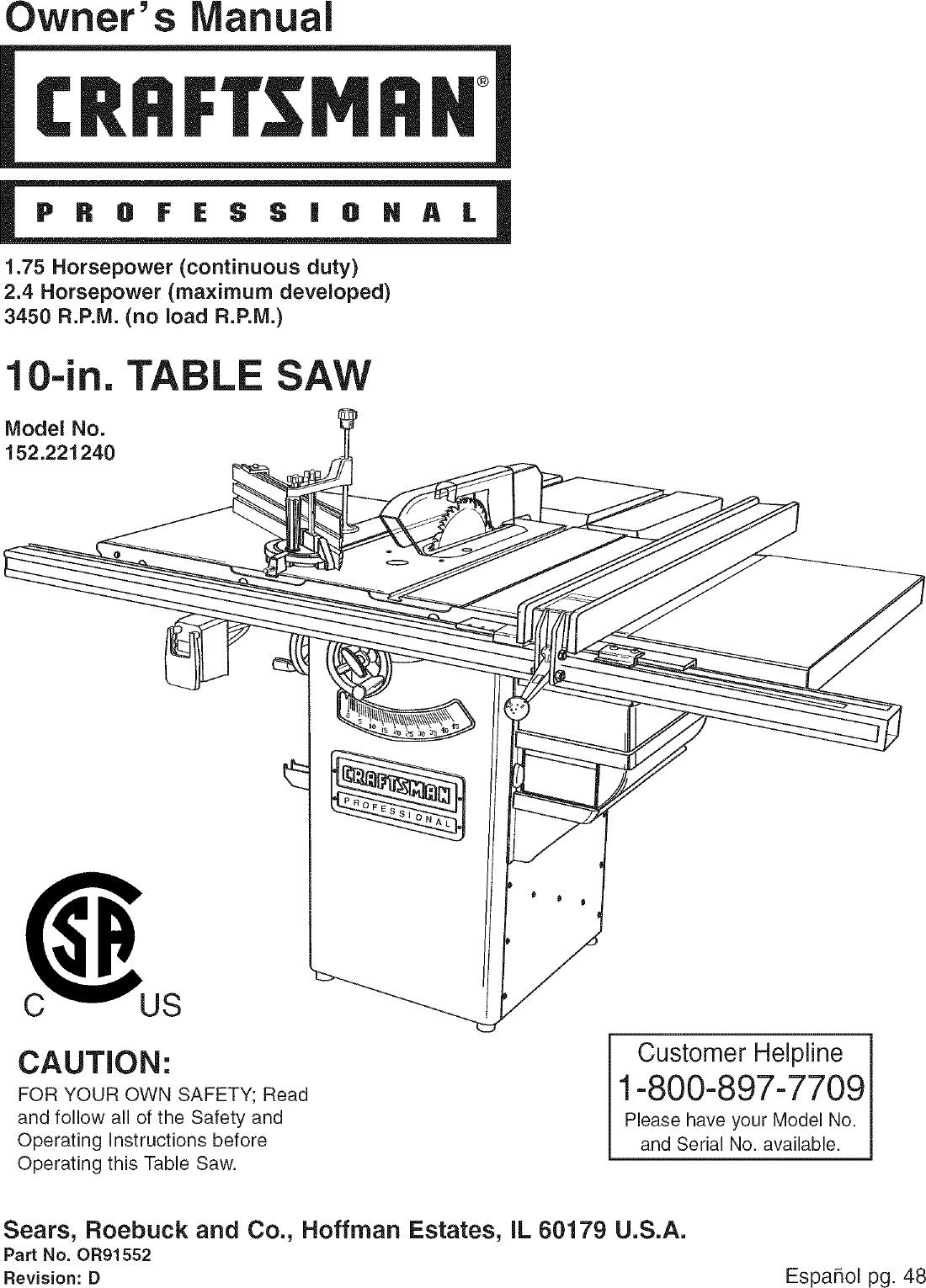 Craftsman 152221240 User Manual TABLE SAW Manuals And Guides L0607449