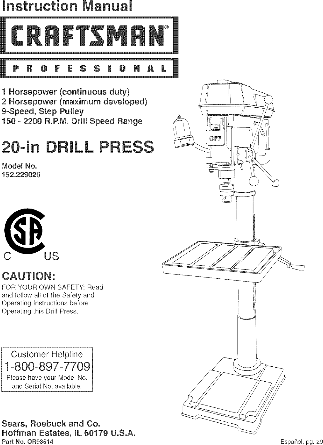 Craftsman 152229020 User Manual BENCH DRILL PRESS Manuals And Guides