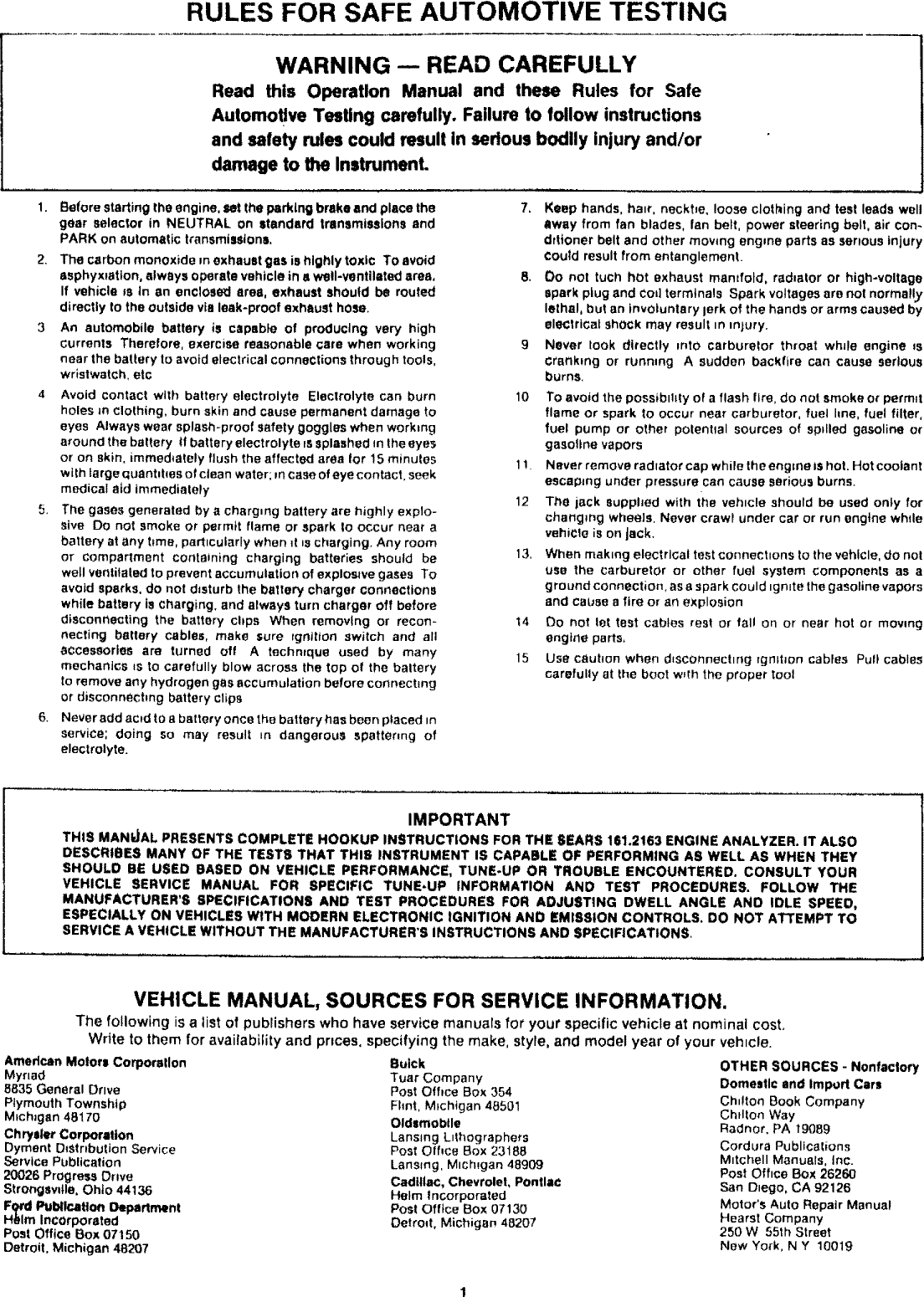 Page 2 of 12 - Craftsman 161216300 User Manual  ENGINE ANALYZER - Manuals And Guides 1006230L