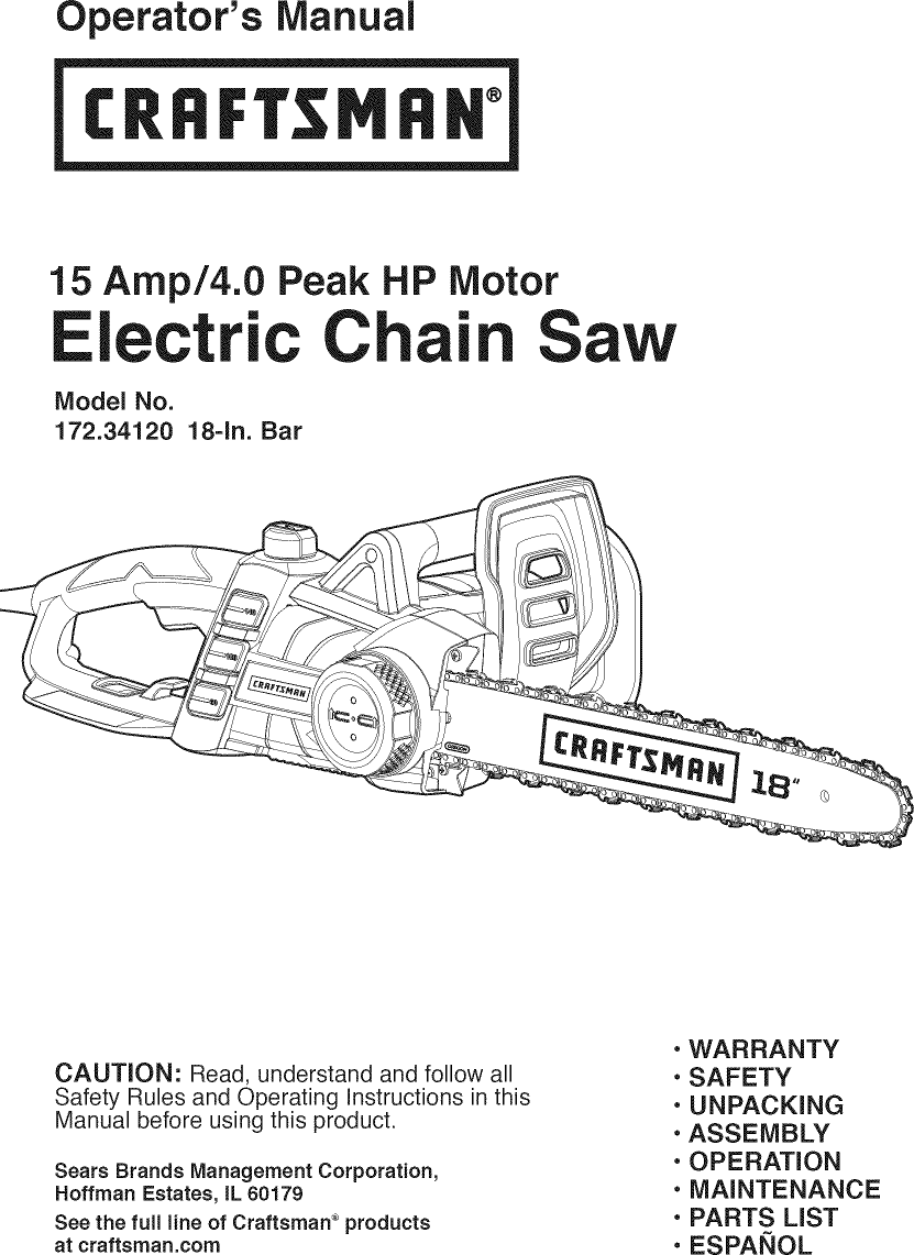 Craftsman 17234120 1212528L User Manual ELECTRIC CHAIN SAW Manuals And