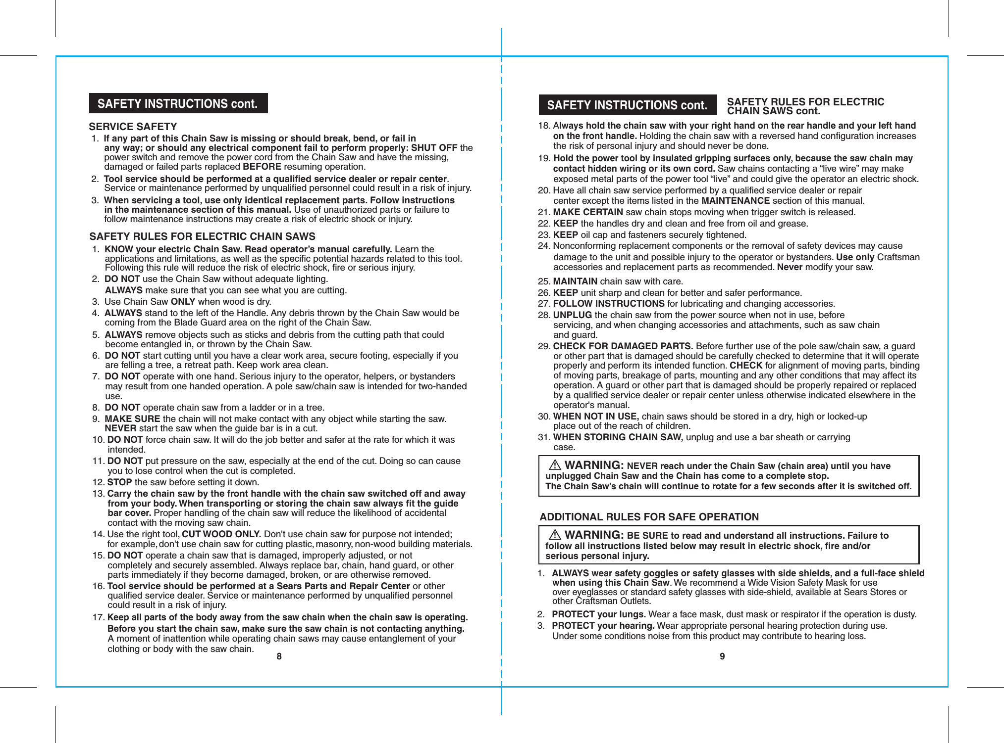 Craftsman 172341201 User Manual Electric Chainsaw Manuals