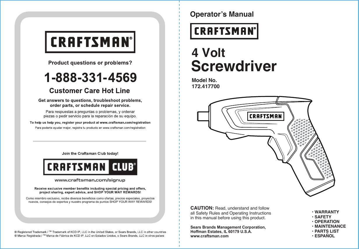 Craftsman 172417700 41170 User Manual SCREWDRIVER CORDLESS Manuals And