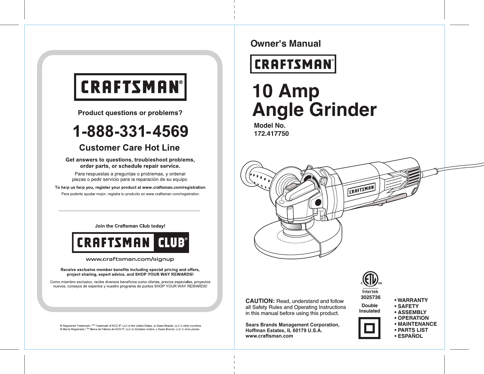 Page 1 of 10 - Craftsman 172417750 41775_10AGrinder_ENG_Manual_READERS_rev _5-31-16 User Manual  GRINDER ANGLE - Manuals And Guides 1608248L