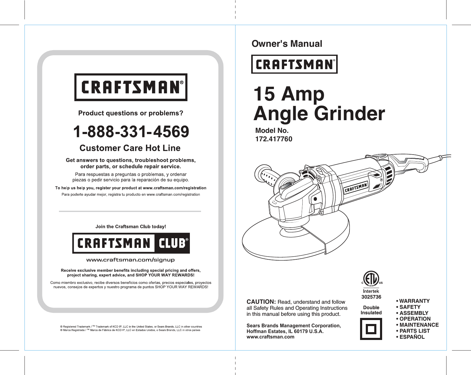 Page 1 of 10 - Craftsman 172417760 41776_15A_Grinder_ENG_Manual_READERS_rev _5-31-16 User Manual  GRINDER ANGLE - Manuals And Guides 1608246L