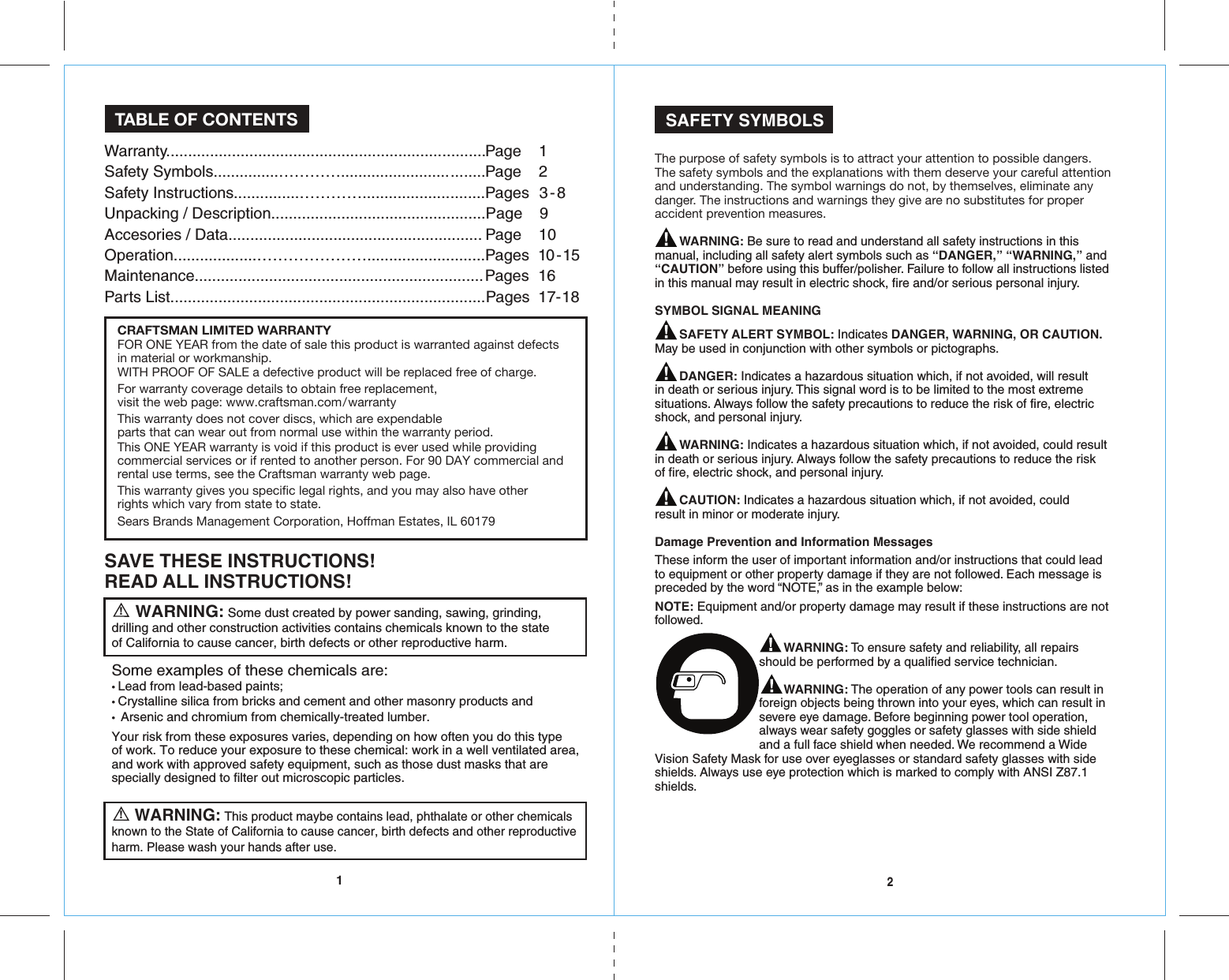 Page 2 of 10 - Craftsman 172417760 41776_15A_Grinder_ENG_Manual_READERS_rev _5-31-16 User Manual  GRINDER ANGLE - Manuals And Guides 1608246L