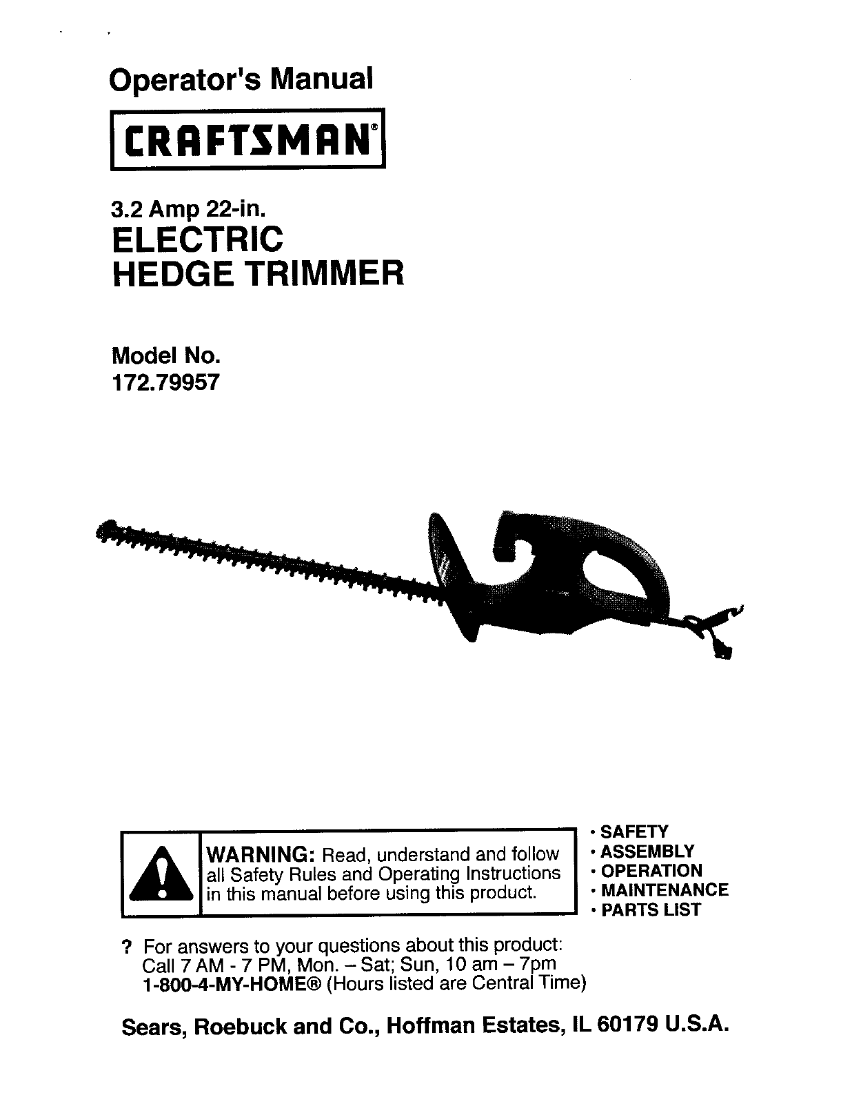 Craftsman 17279957 User Manual HEDGE TRIMMER Manuals And Guides L0504006