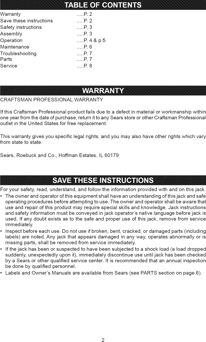 Page 2 of 8 - Craftsman 21450156 1205004L User Manual  JACK HYDRAULIC - Manuals And Guides
