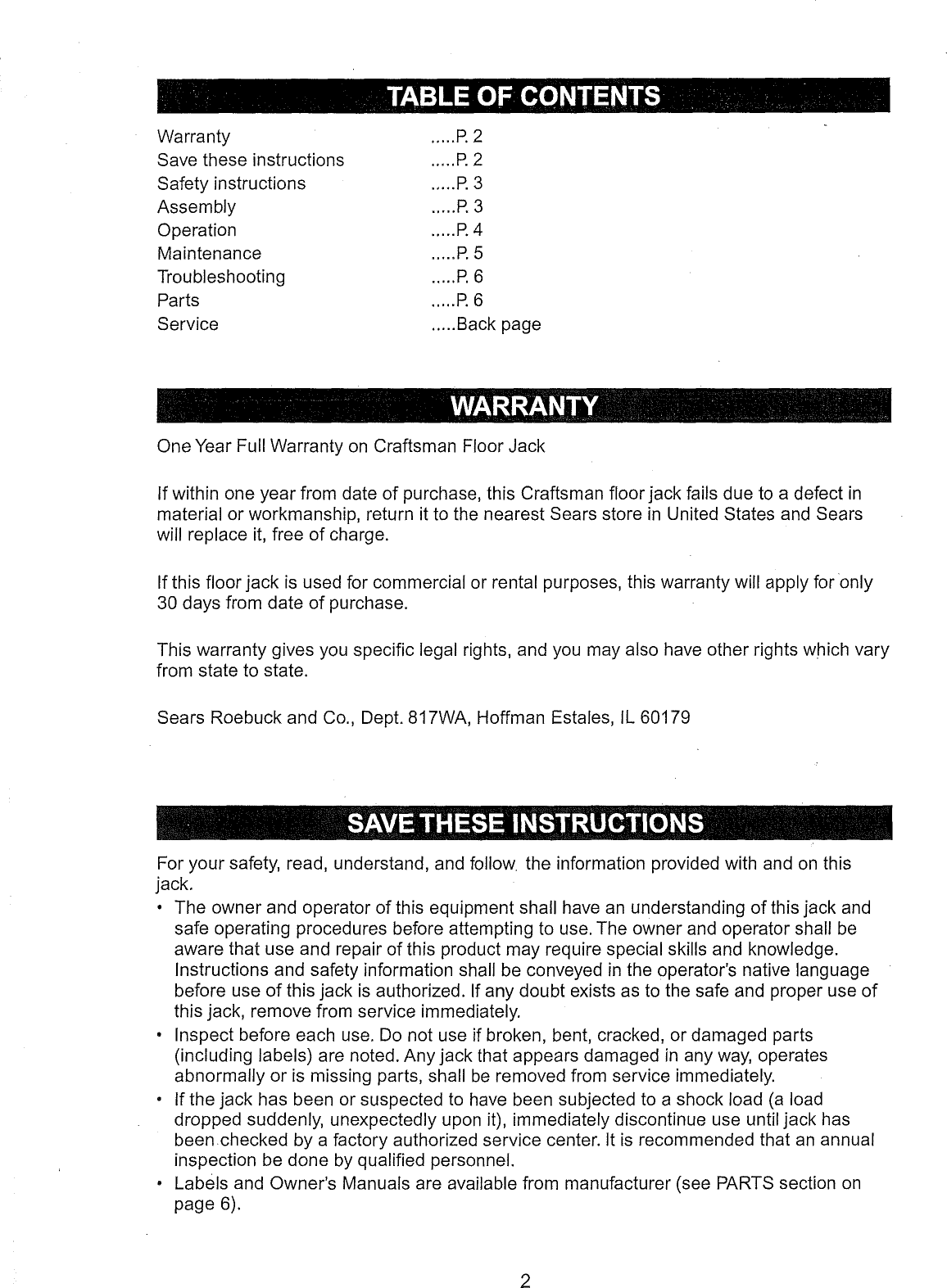 Page 2 of 7 - Craftsman 21450239 1101351L User Manual  2 TON FLOOR JACK - Manuals And Guides