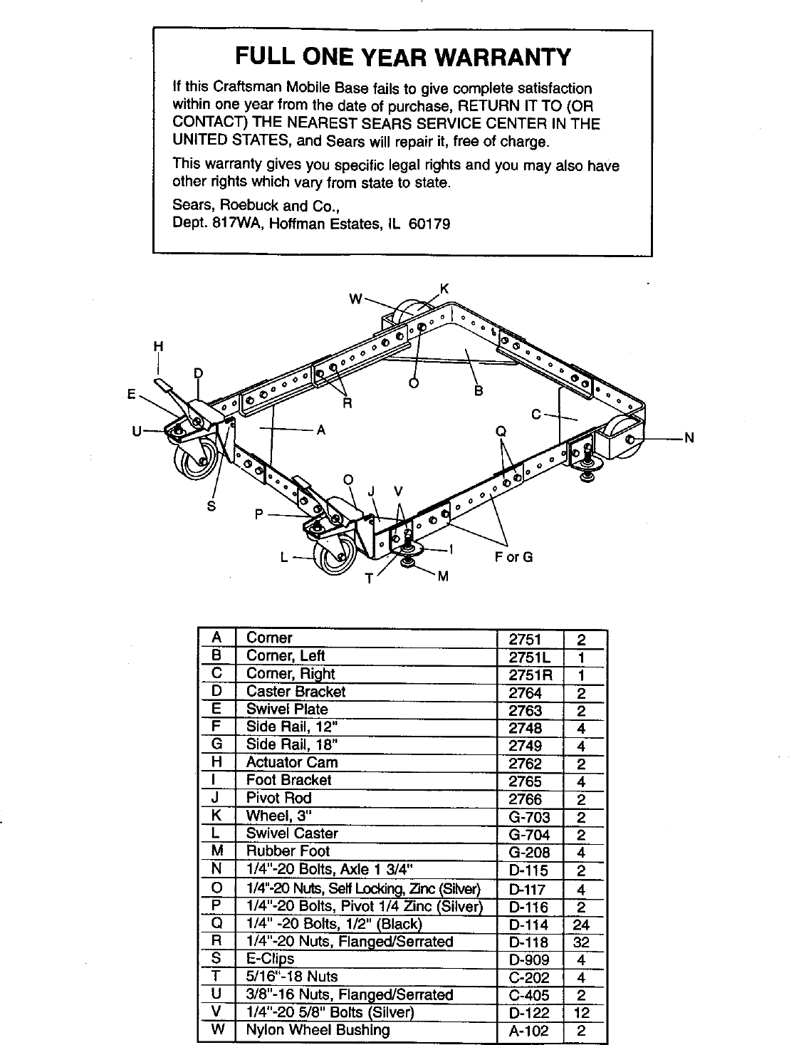 Page 3 of 4 - Craftsman 22252 User Manual  ADJUSTABLE UNIVERSAL MOBILE BASE - Manuals And Guides L9070038