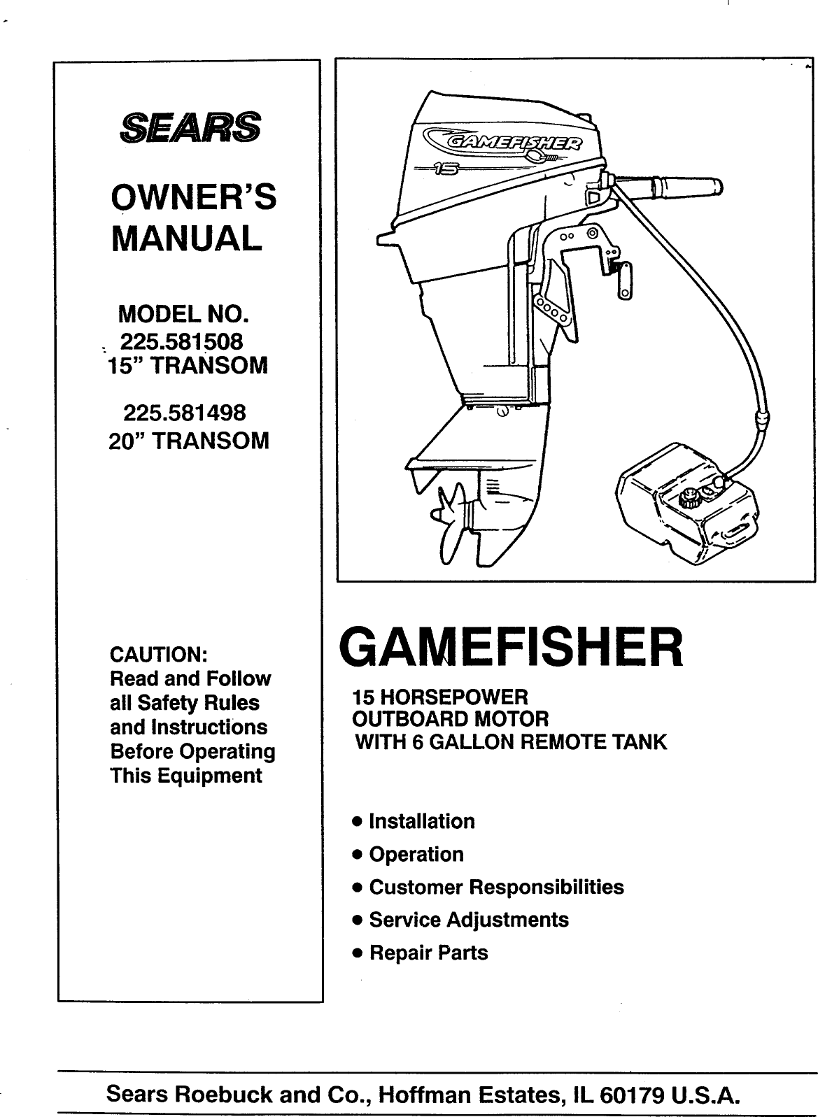 Craftsman 225581498 User Manual GAMEFISHER 15 H.P. 20 