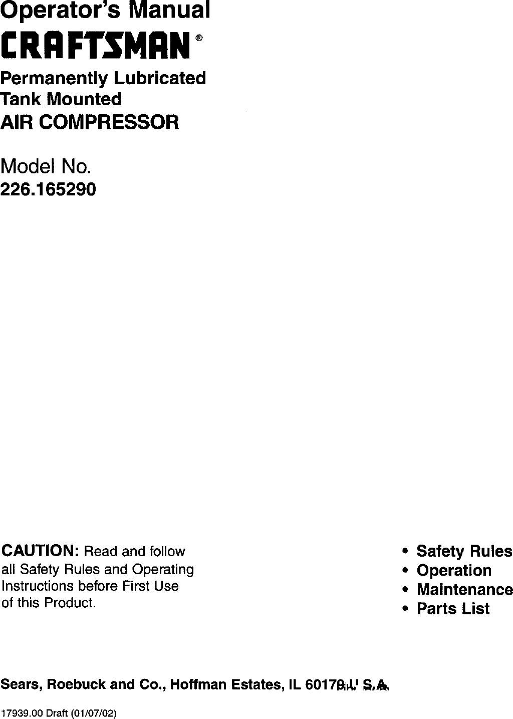 Craftsman 226165290 User Manual AIR COMPRESSOR Manuals And Guides L0305015