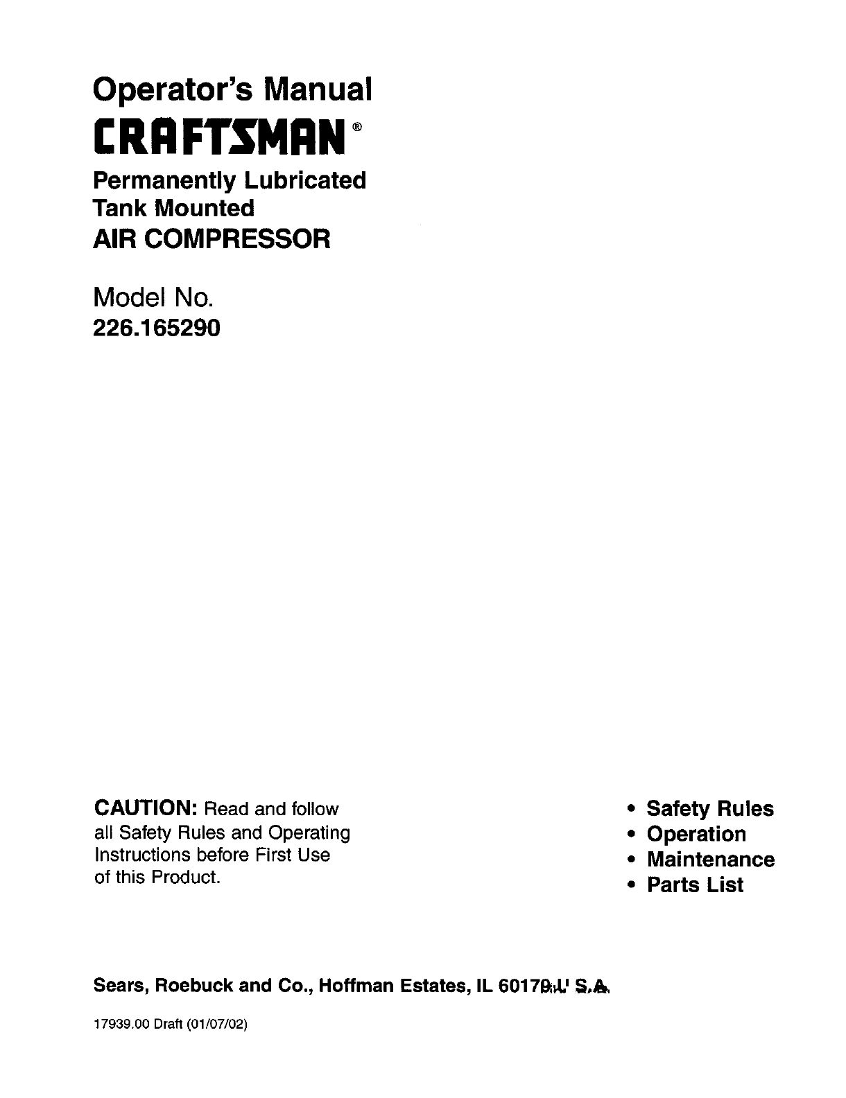 Craftsman 226165290 User Manual AIR COMPRESSOR Manuals And Guides L0305015