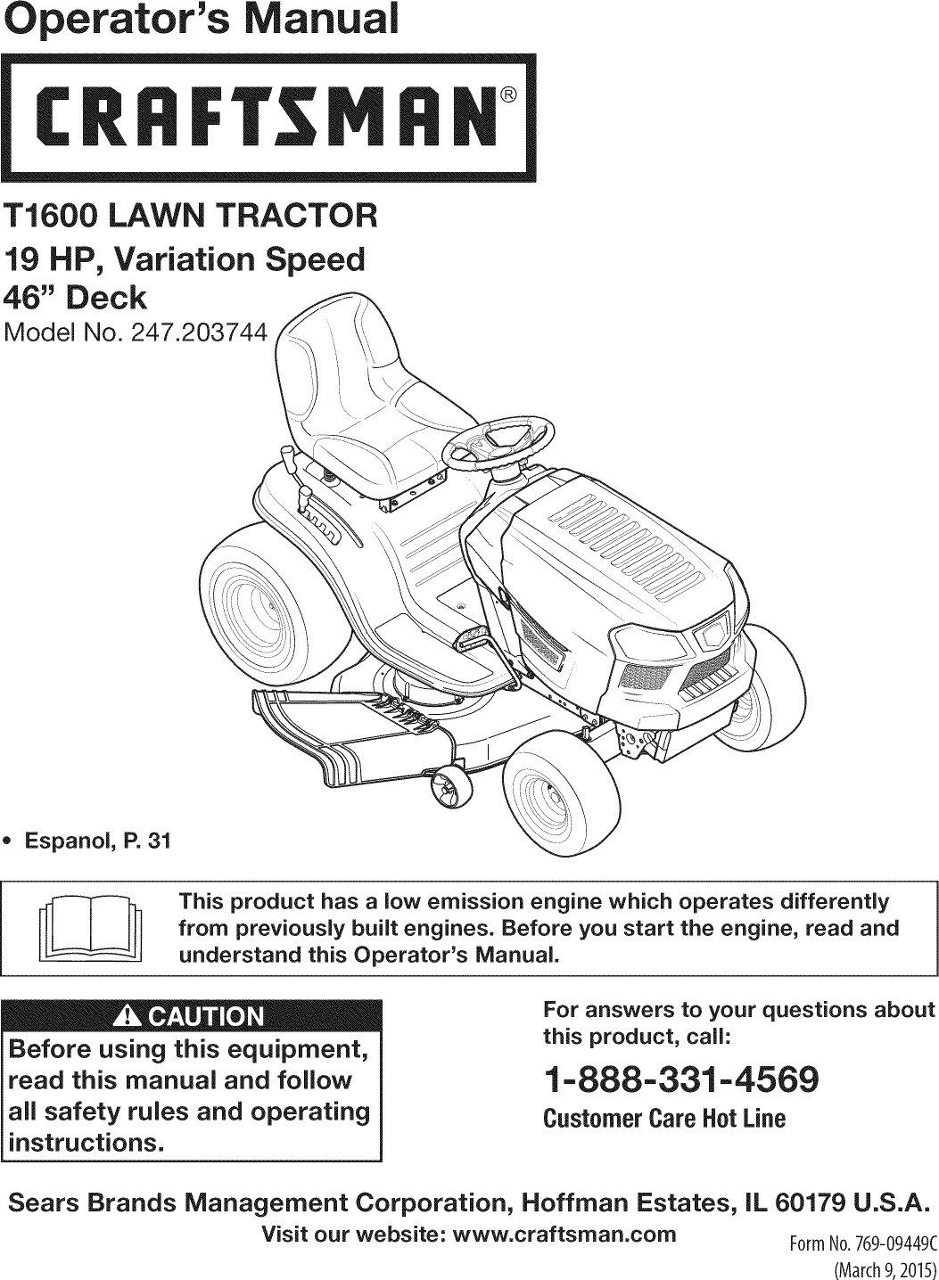 Craftsman 247203744 1503519L User Manual TRACTOR Manuals And Guides