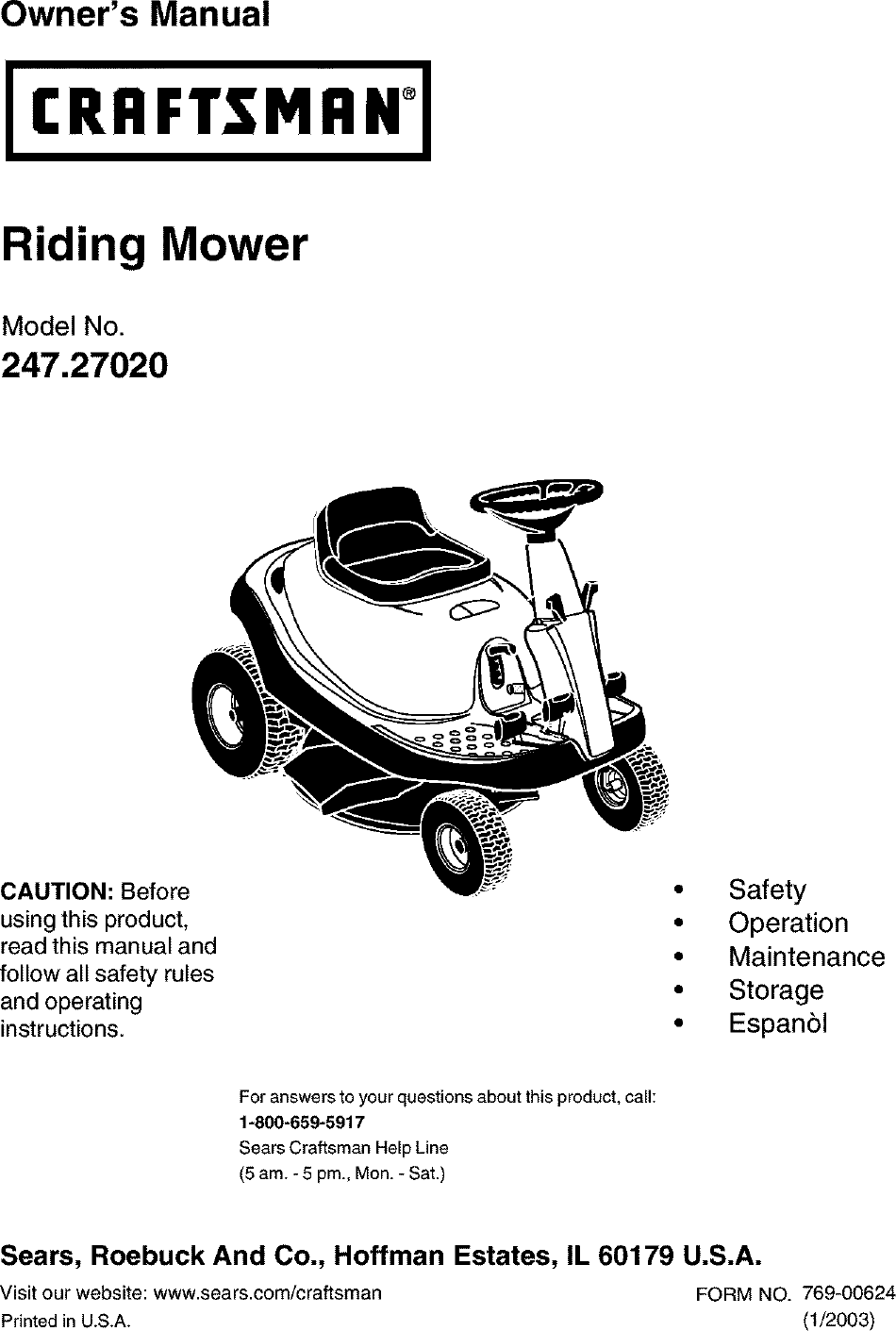 Craftsman 247270200 User Manual RIDING MOWER Manuals And Guides L0305313